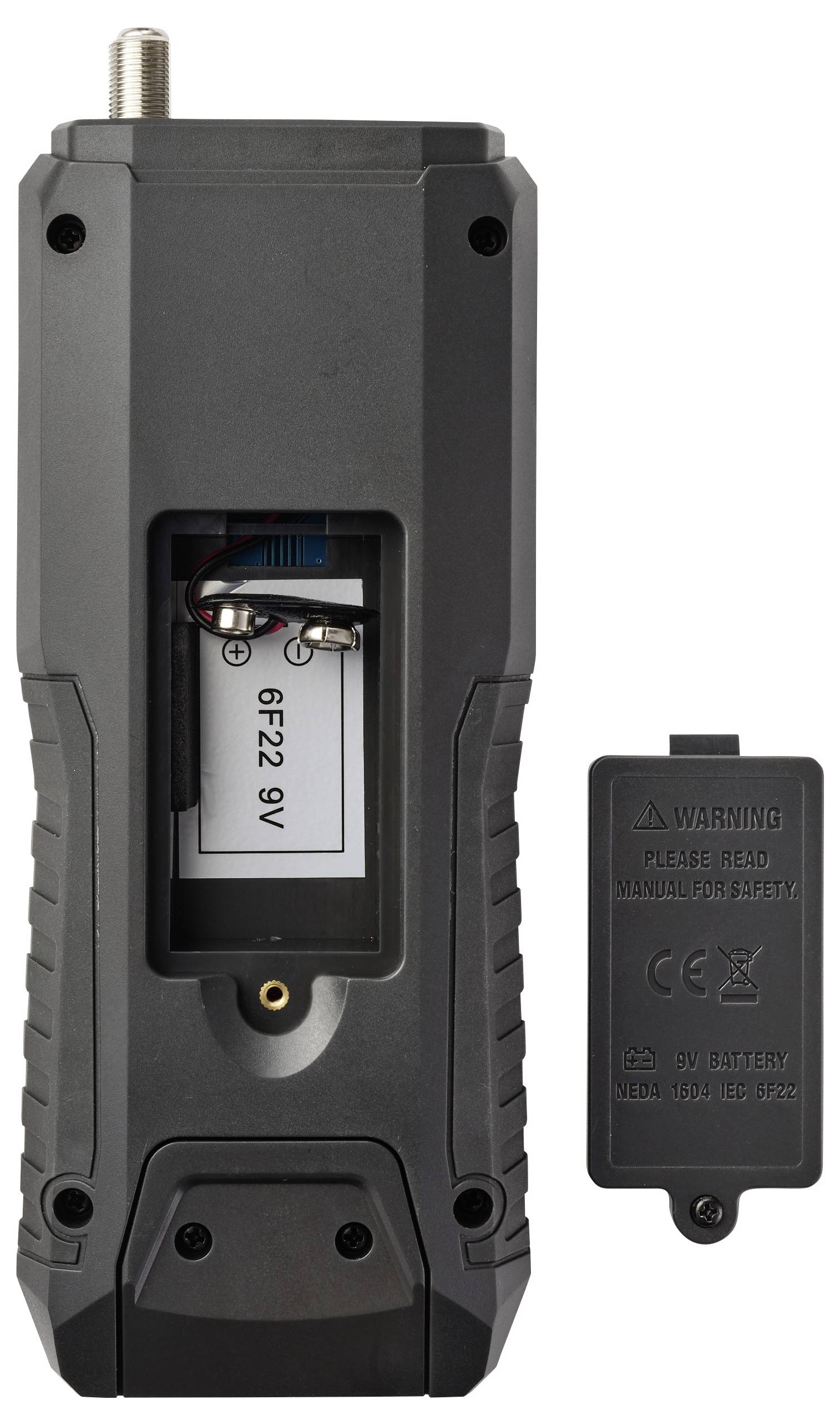 Een zwart batterijvak van een apparaat met een niet-vastgezette 9V batterij erin, naast een verwijderbare deksel waarop een waarschuwingsbericht staat.