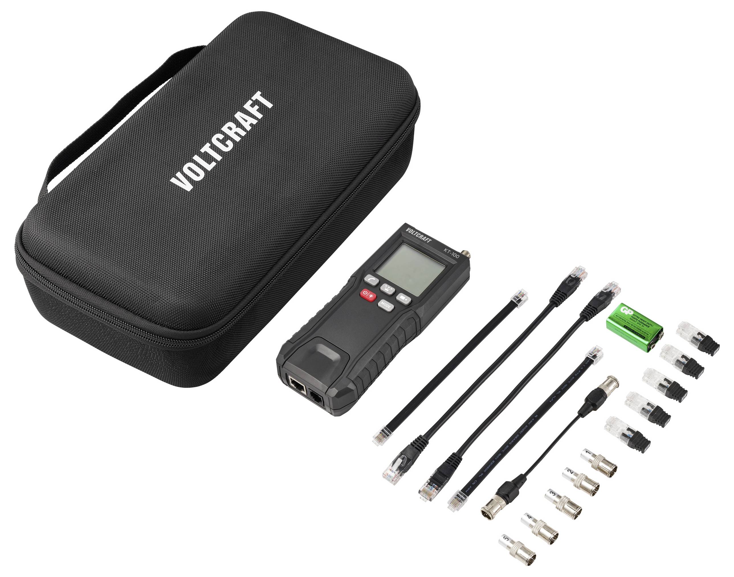 'Voltcraft' gemerkte zwarte draagtas met een digitale netwerkkabel tester en diverse adapters en aansluitingen naast elkaar uitgelegd.