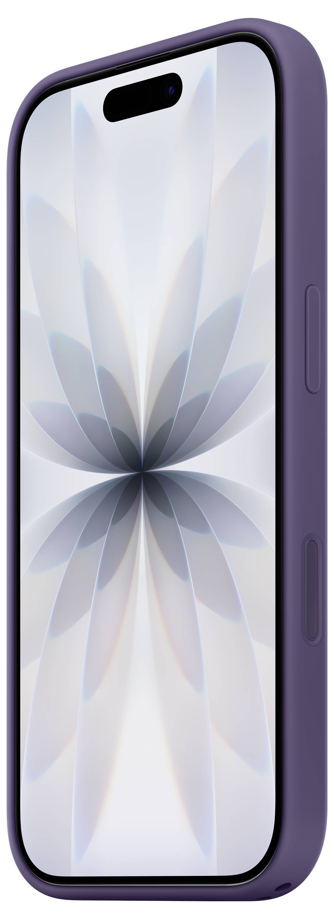 Een smartphone met een paarse behuizing vertoont een symmetrisch, abstract bloempatroon op zijn scherm, geplaatst tegen een lichte achtergrond.