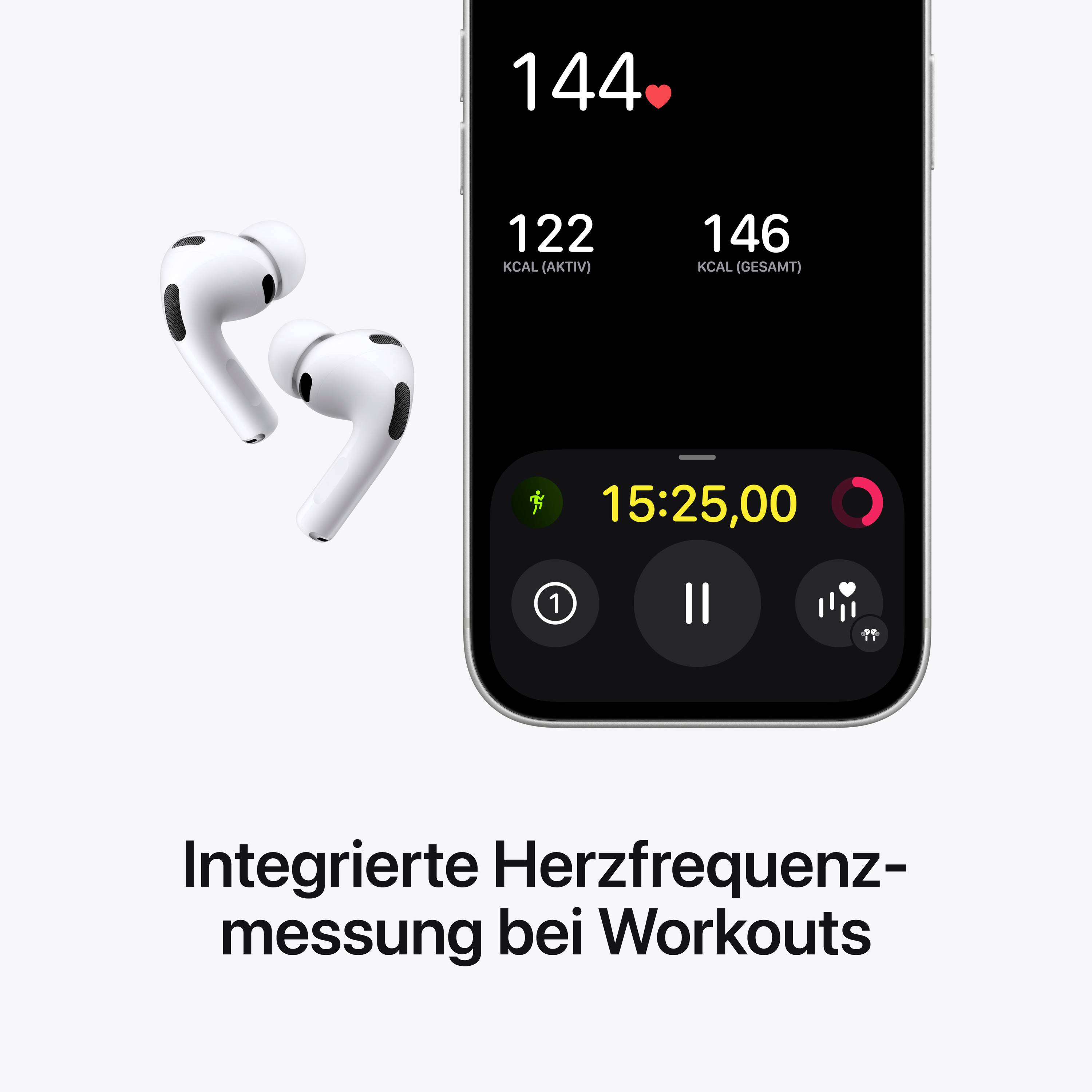 Een smartphone toont een hartslag van 144 bpm en calorieënverbruik. Eronder liggen draadloze koptelefoons met een citaat: 'Geïntegreerde hartslagmeting tijdens workouts'.
