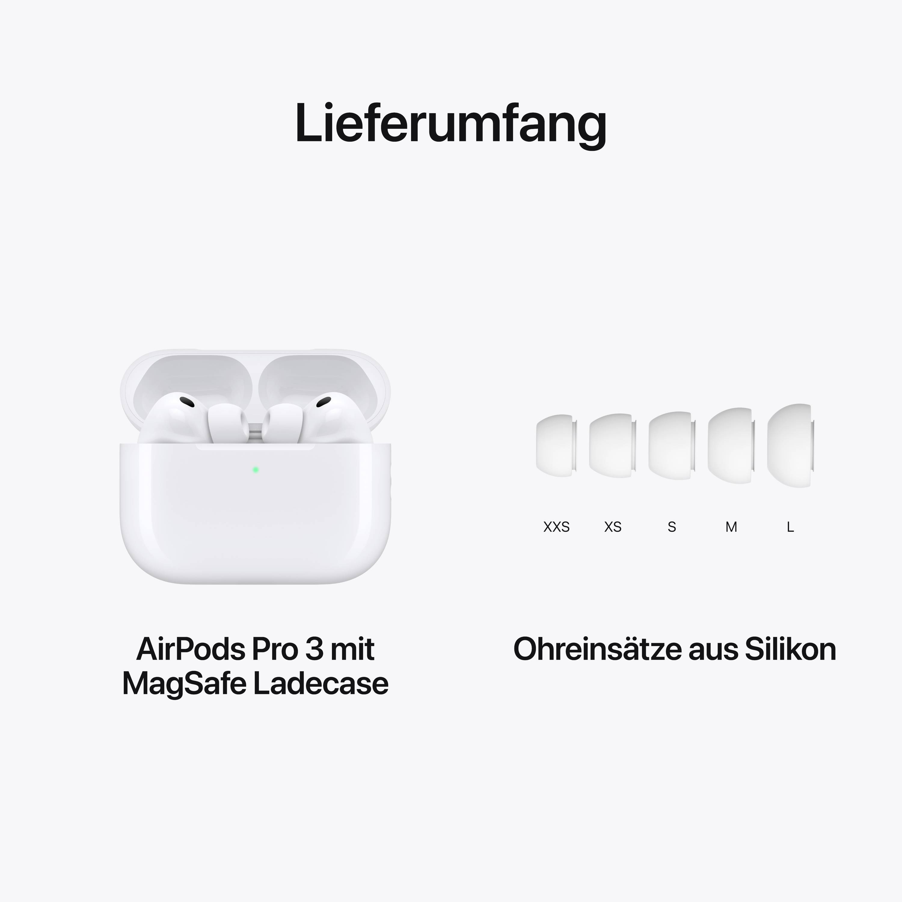 Op de afbeelding staat de leveringsomvang van de AirPods Pro 3. Te zien zijn een MagSafe-oplaadcase en vijf paar siliconen oordopjes in verschillende maten.
