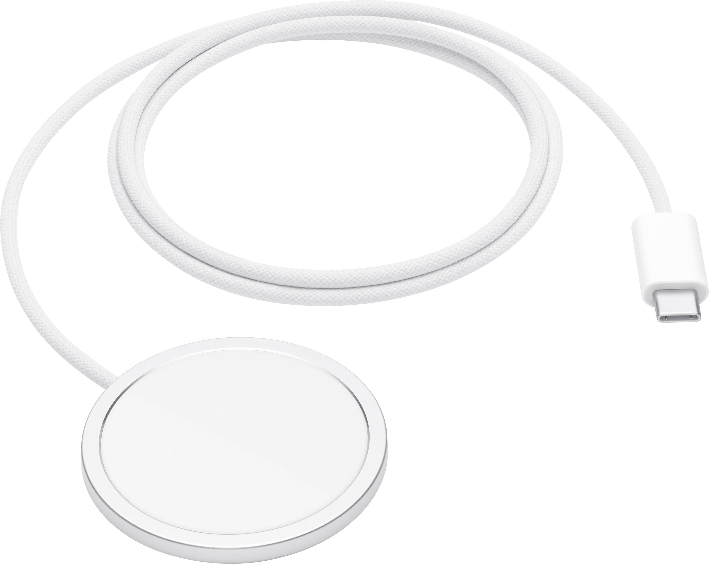 Een witte magnetische oplaadkabel met een rond pad en een USB-C-connector, ontworpen voor draadloos opladen van compatibele apparaten.