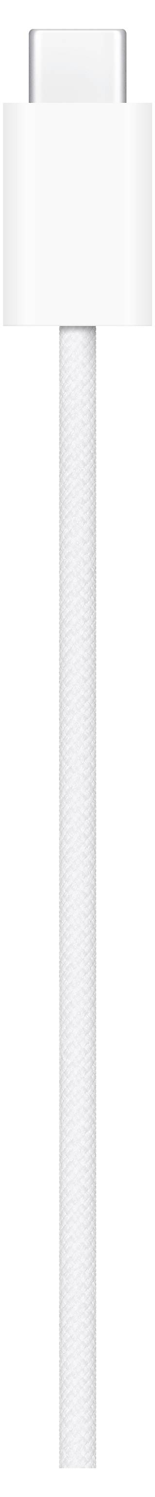 Een witte USB-C oplaadkabel met een compacte connector, verticaal weergegeven, geschikt voor opladen en gegevensoverdracht.