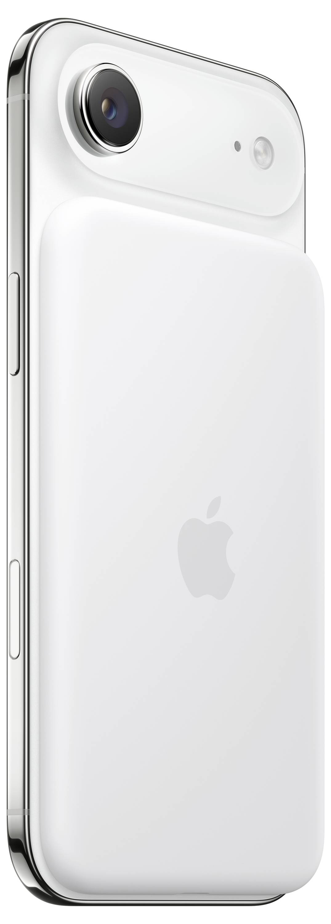 Zijaanzicht van een smartphone met een witte powerbank bevestigd aan de achterkant, voorzien van een zilveren rand en logo in het midden.