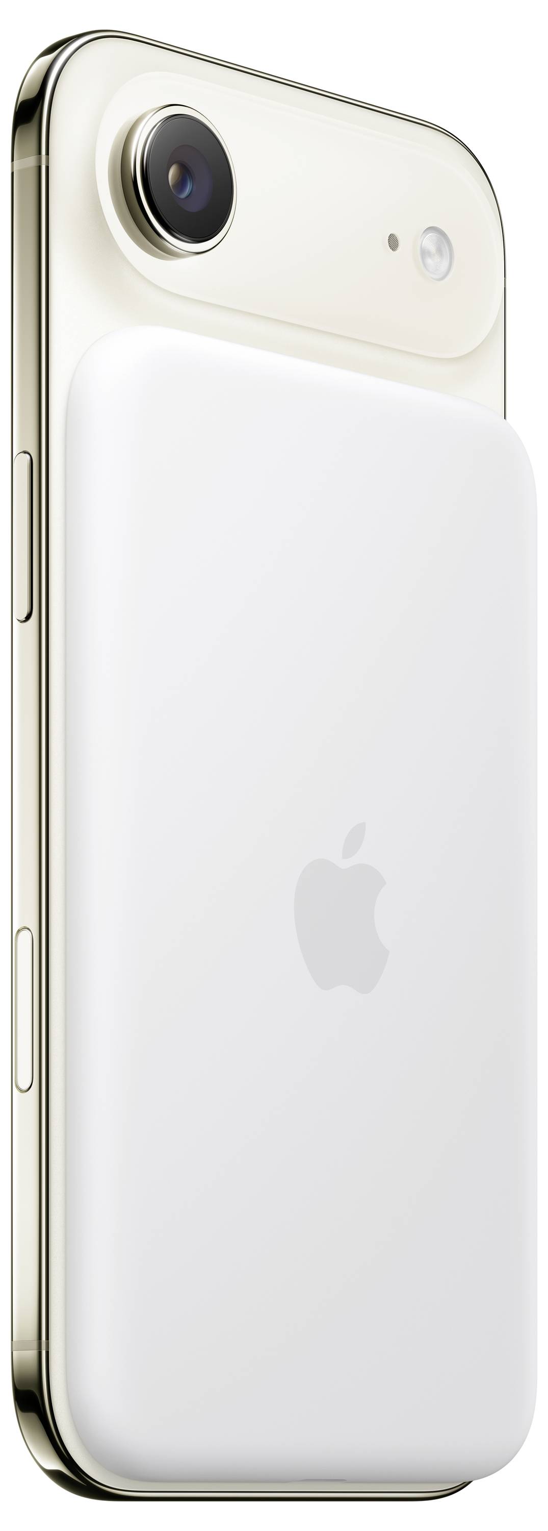 Een witte MagSafe Batterij Pack is aan de achterkant van een gouden iPhone bevestigd, waarbij het compacte ontwerp en de compatibiliteit met het apparaat worden getoond.