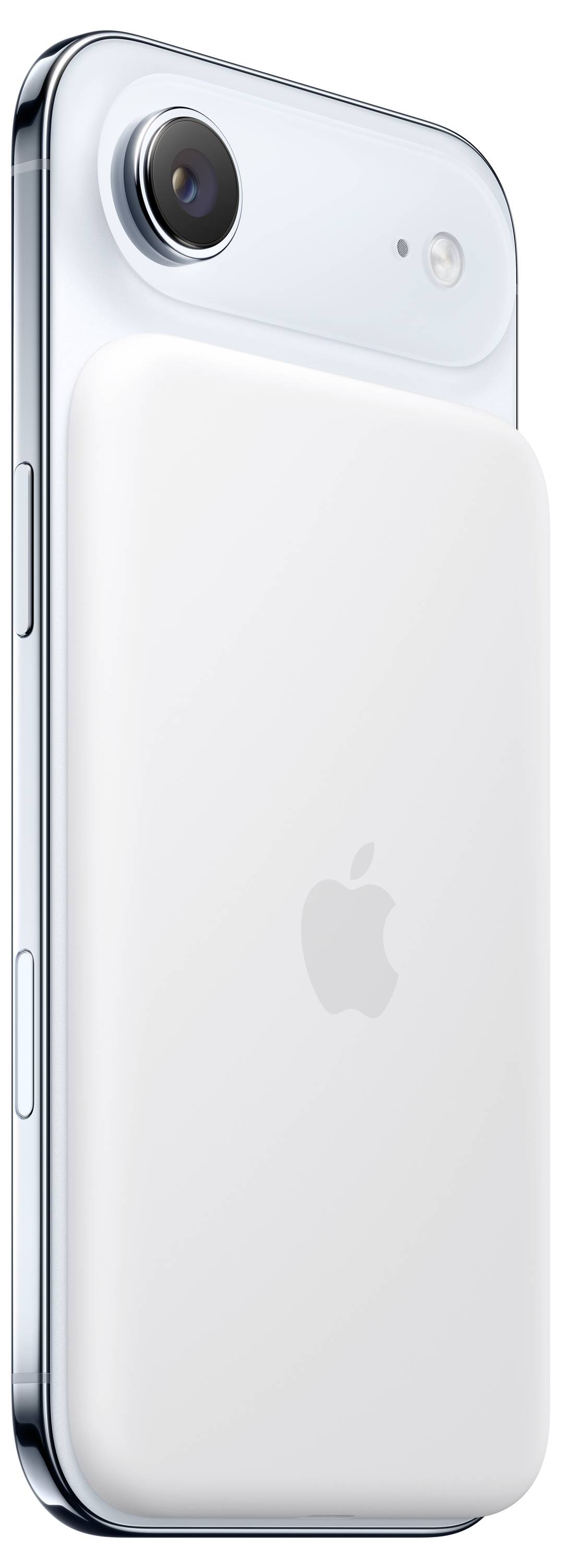 Een wit magnetisch batterijpakket bevestigd aan de achterkant van een zilveren smartphone met een zichtbaar Apple-logo, waarbij het productontwerp wordt geaccentueerd.