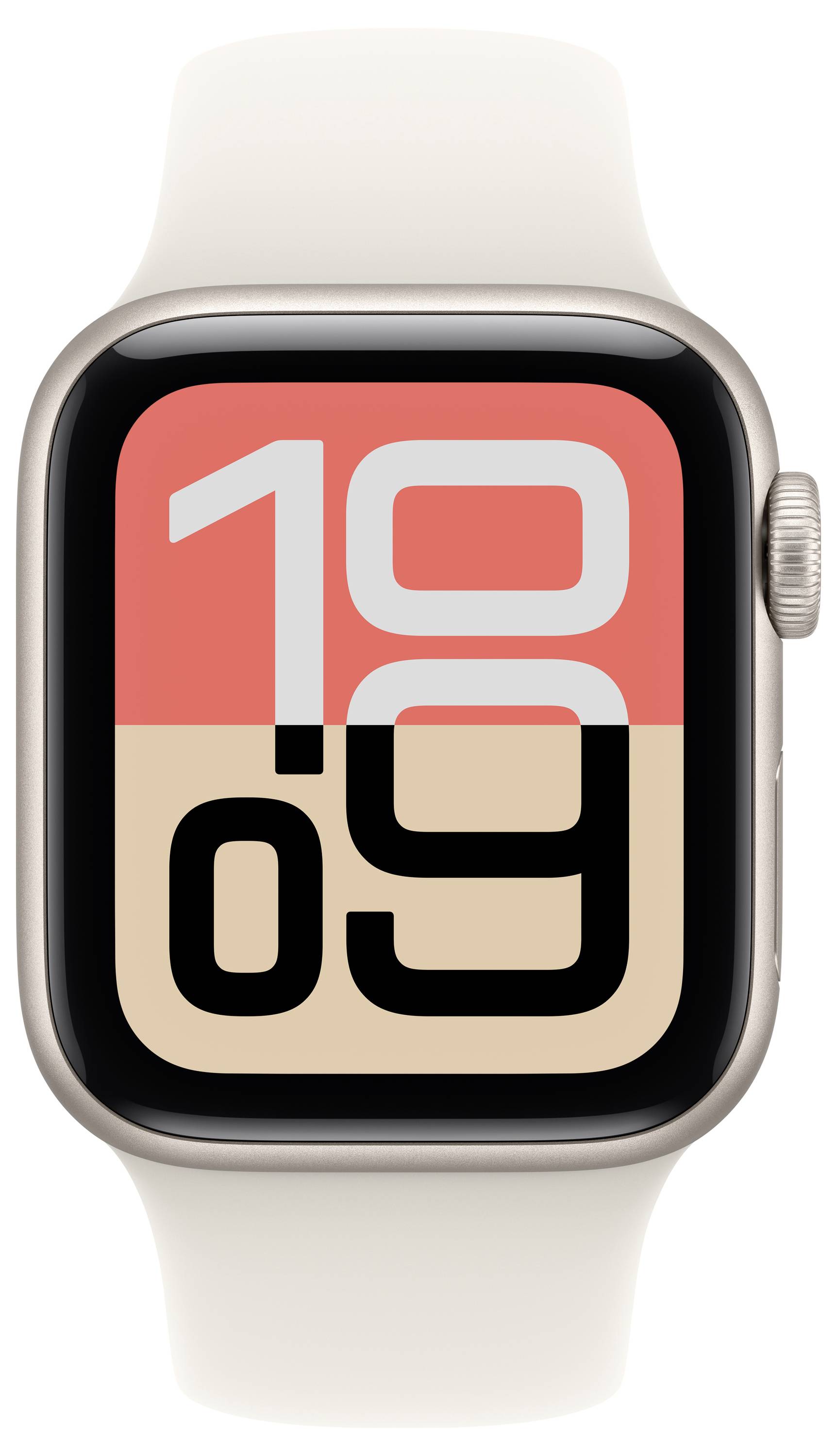 Een smartwatch met een beige band toont een minimalistisch digitaal klokgezicht. De weergegeven tijd is '10:09' in vette, overlappende lettertypen.