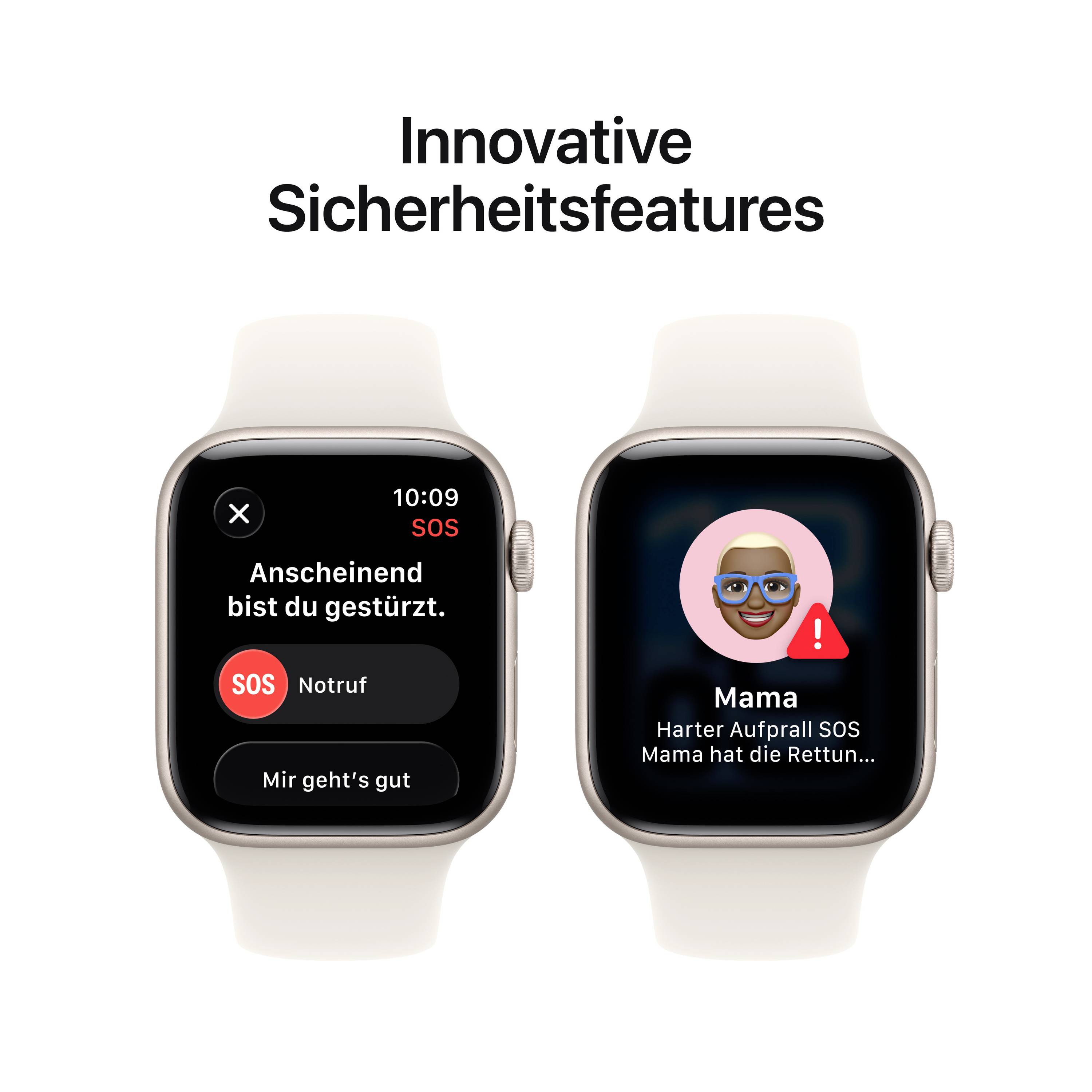 'Twee smartwatches tonen veiligheidsmeldingen: Eén meldt valdetectie, de andere SOS-melding verzonden naar 'Mama'.'