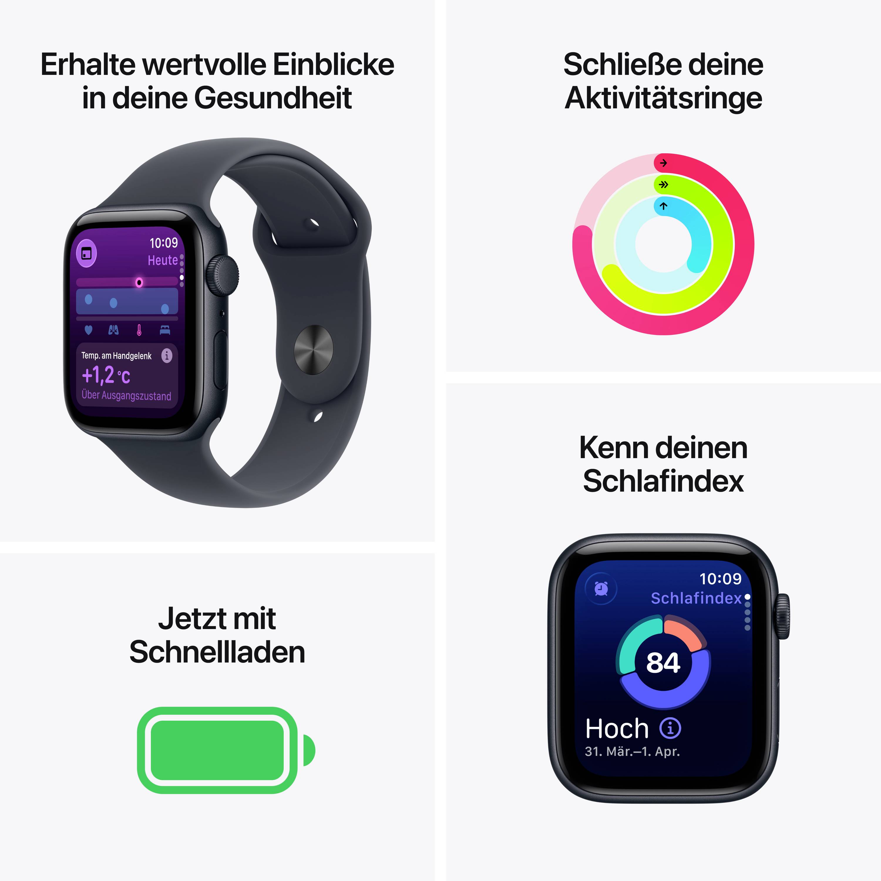 'Reclame voor smartwatch met gezondheidsmonitoring, activiteitsringen, slaapindex en snelladen. Benadrukt gezondheidsbewaking en accuduur.'