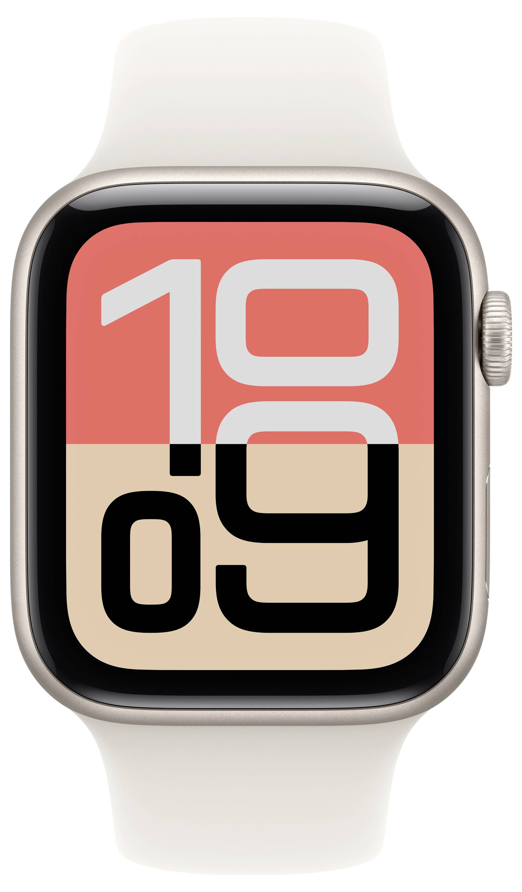 Een smartwatch die de tijd '10:09' toont in grote, vette cijfers op een kleurrijke, geometrische achtergrond met een witte band en behuizing van zilver.