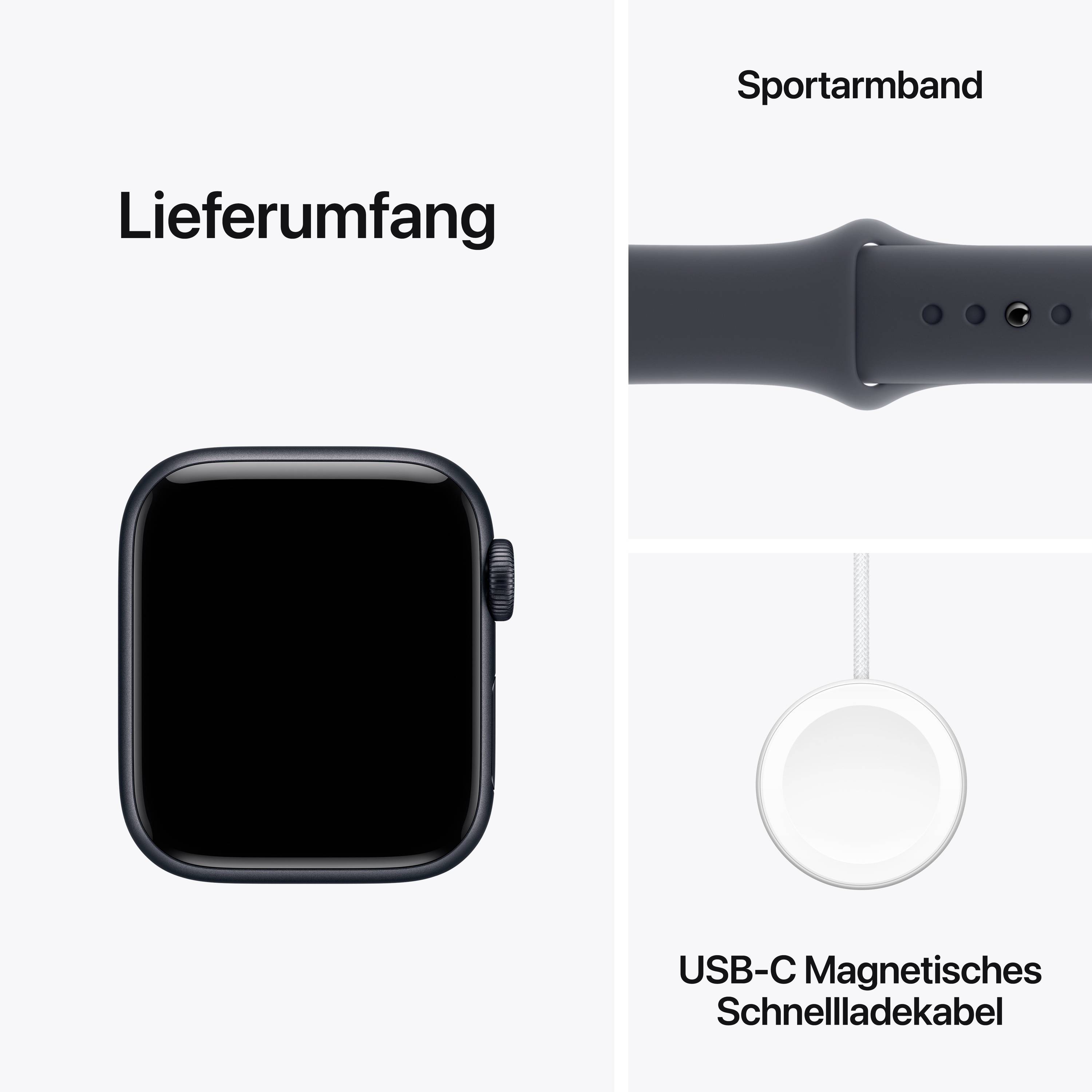Leveringsomvang met een zwart smartwatch-display, een sportarmband en een USB-C magnetische snellaadkabel.