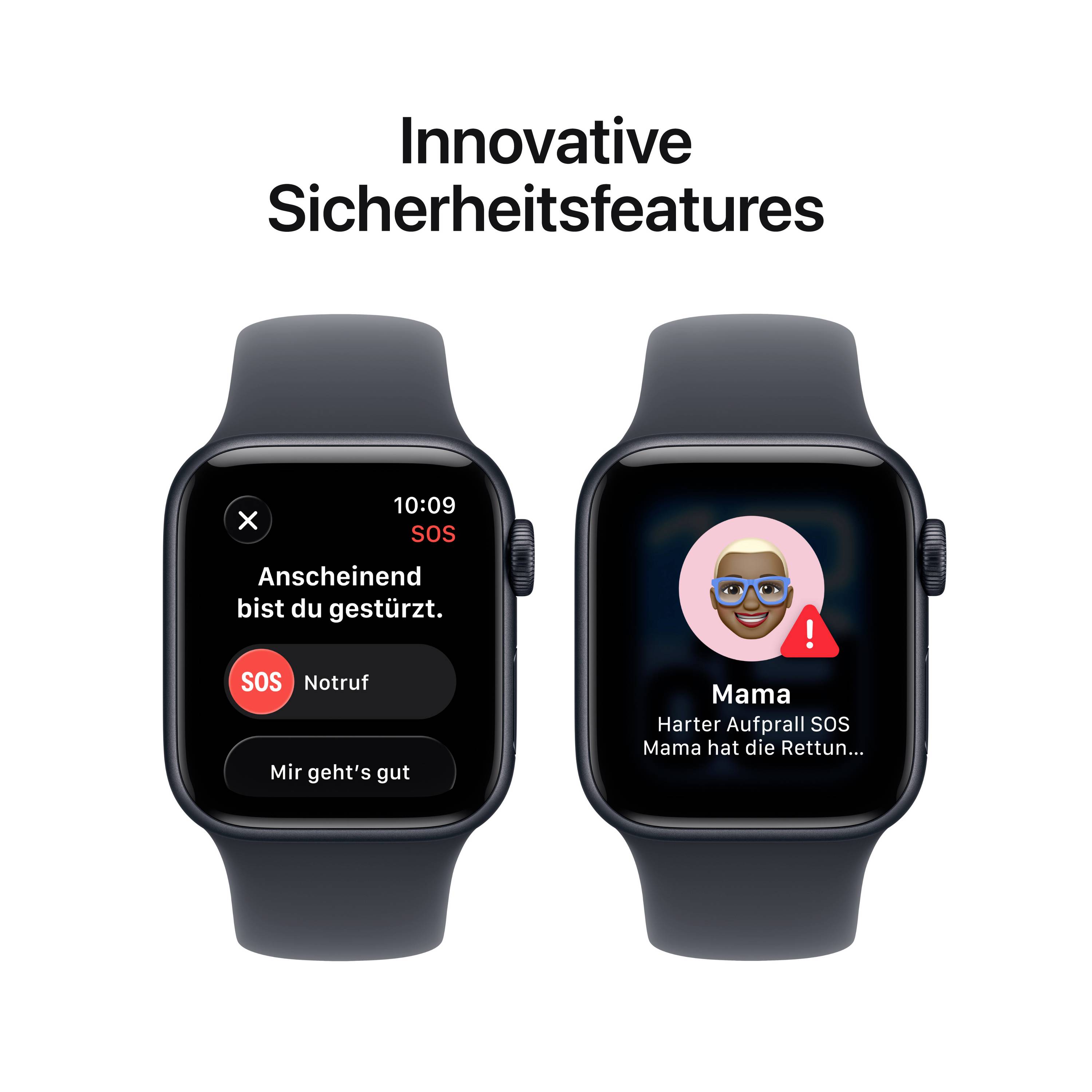 Twee smartwatch-schermen: Links toont SOS-melding bij val, rechts wordt 'Mama' geïnformeerd als noodcontact.