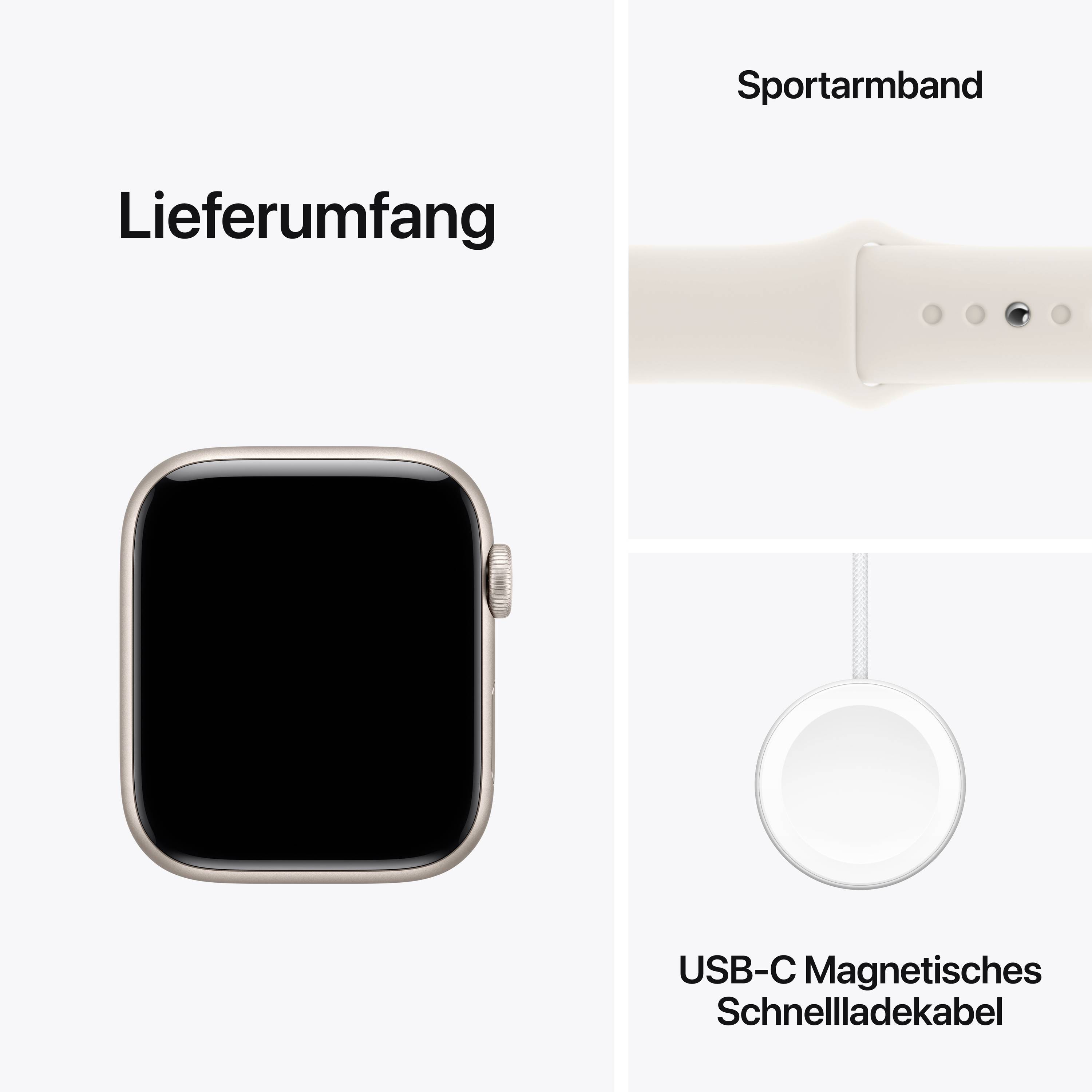 Leveringsomvang van de klok toont een horloge met sportarmband en USB-C magnetische snellaadkabel.