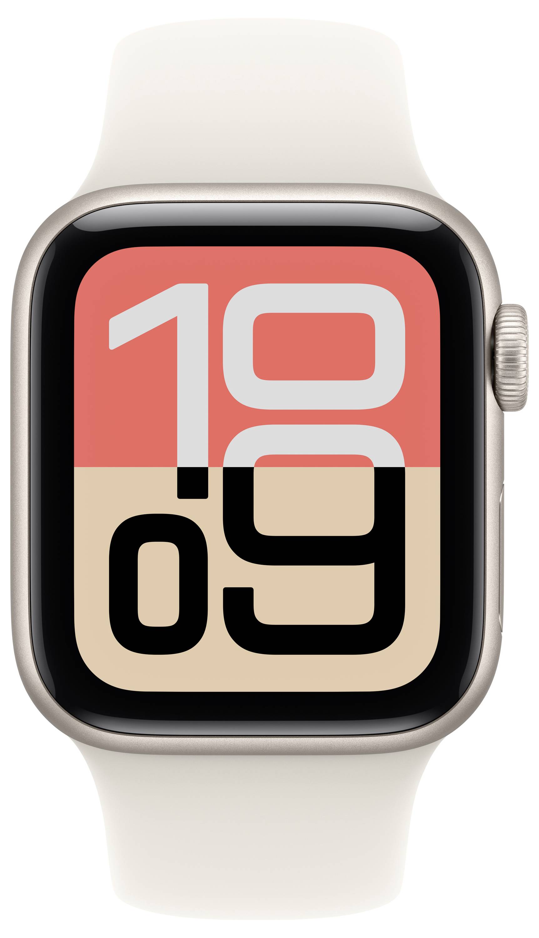 Smartwatch met de tijd '10:09' weergegeven op een modern, geometrisch vormgegeven wijzerplaat.
