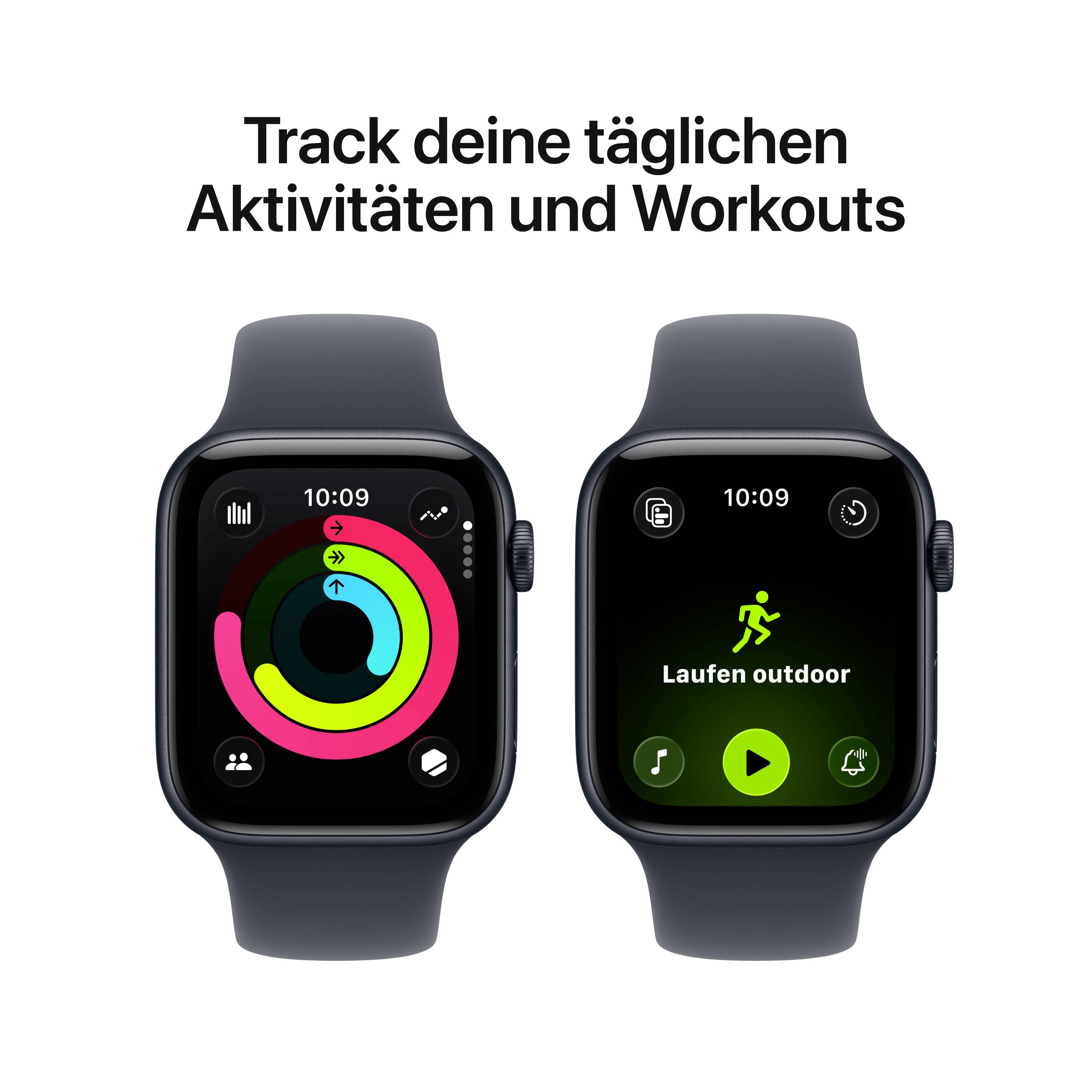 Twee smartwatches tonen fitness-apps. Links: Activiteitsringen. Rechts: App 'Buiten hardlopen'. Tekst bovenaan: 'Volg je dagelijkse activiteiten en workouts'.
