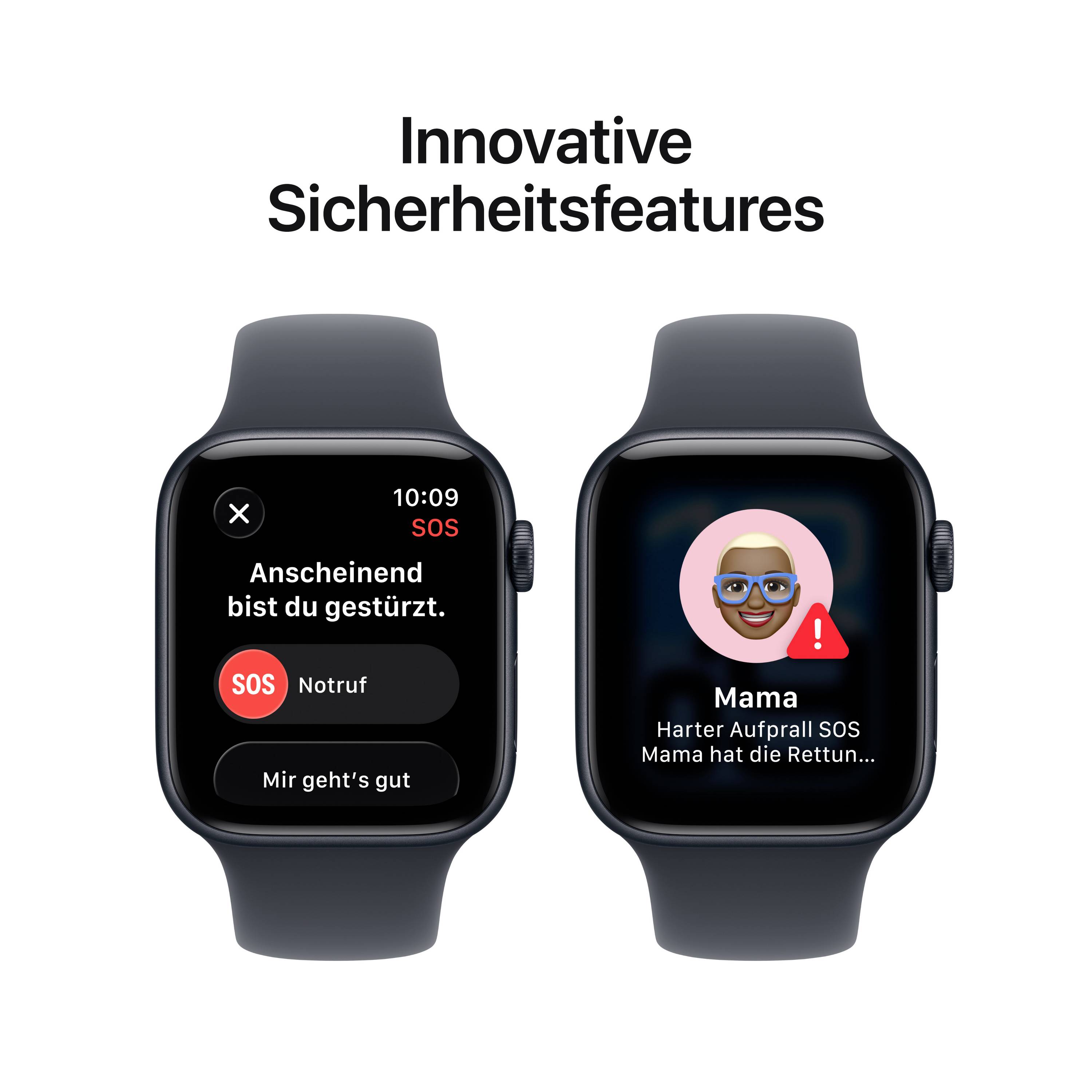 Twee smartwatches tonen noodfuncties. Links: SOS-melding. Rechts: Waarschuwing aan contactpersoon met emoji en bericht.