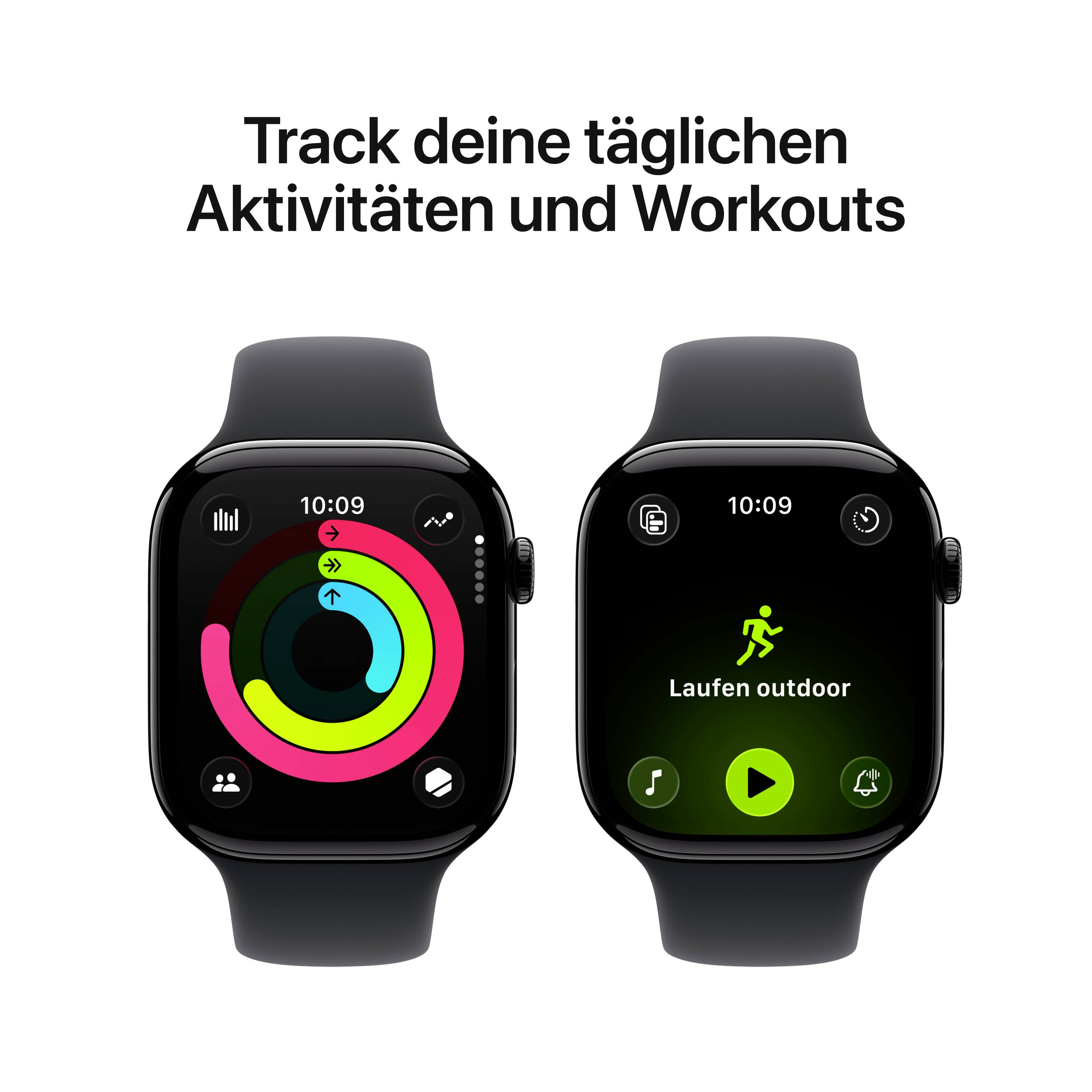 Twee smartwatch-schermen: Links tonen activiteitsringen, rechts een 'Buitenloopsymbool'. Tekst bovenaan: 'Volg je dagelijkse activiteiten en workouts'.