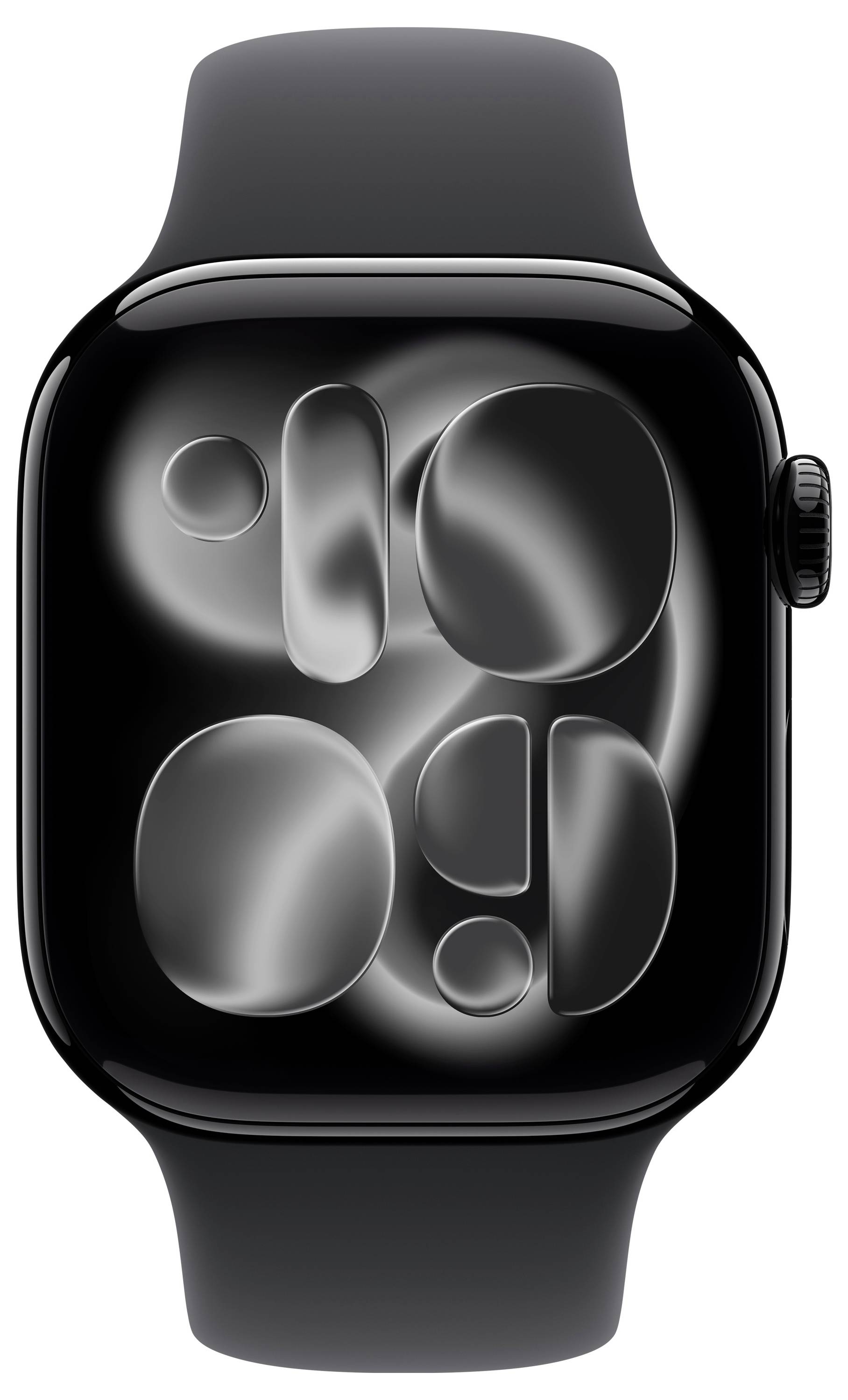 Een strak zwart smartwatch met een abstract monochroom patroon op het scherm. De horloge heeft een afgeronde rechthoekige kast en een zwarte band.