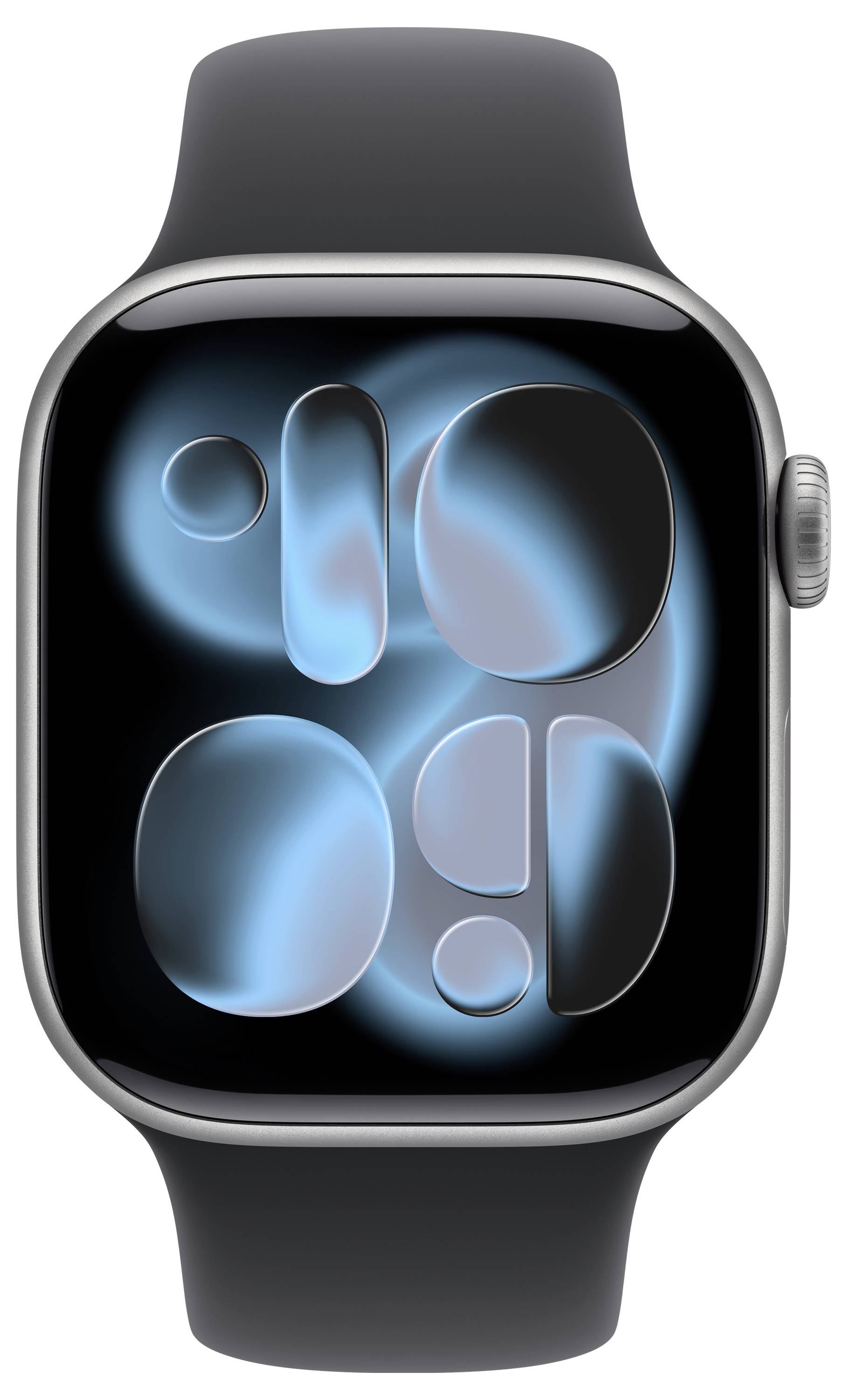 Een smartwatch met een zilveren frame en zwarte band vertoont een helder blauwe abstracte ontwerp op zijn scherm.