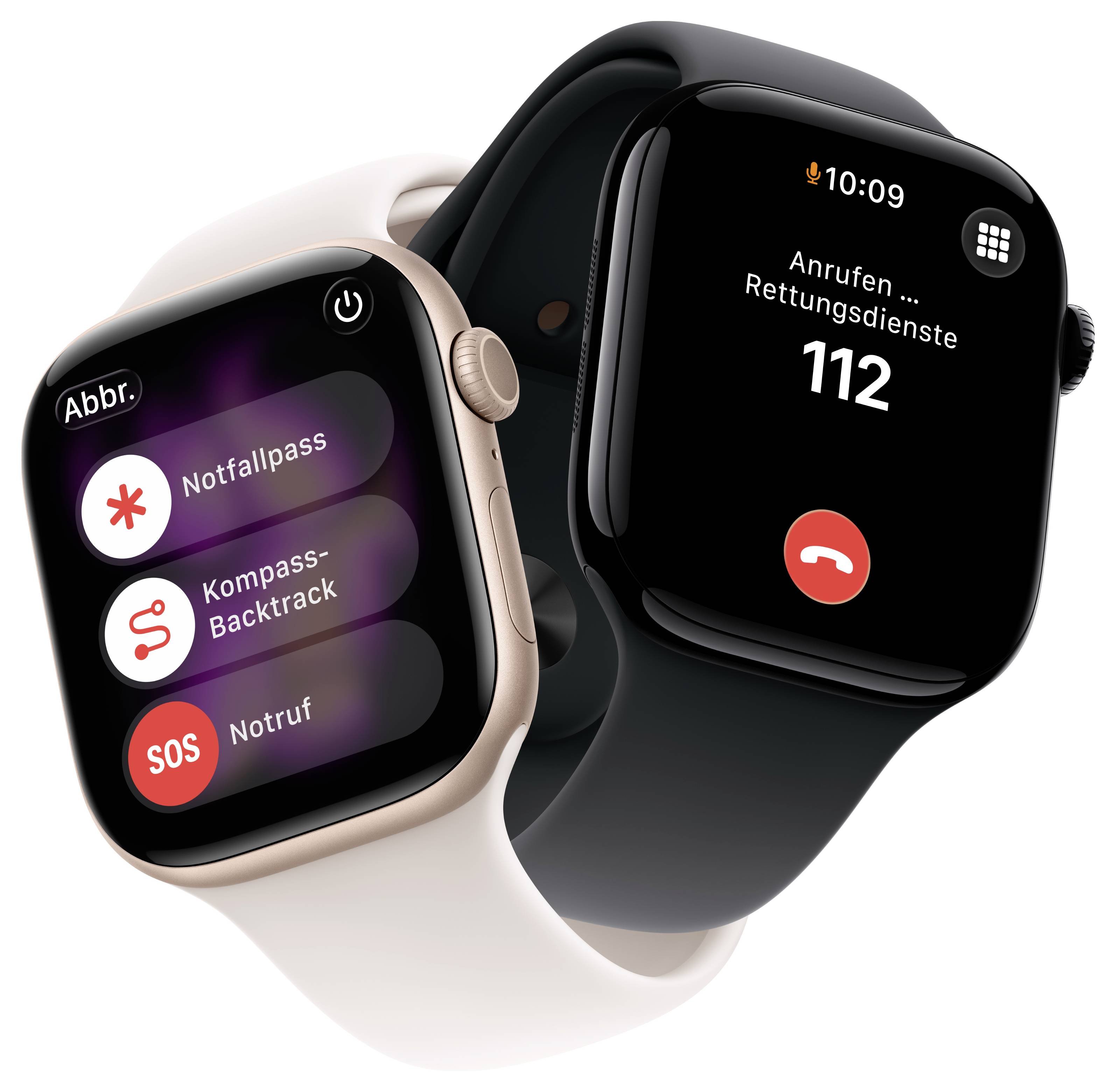 Twee smartwatches tonen noodvoorzieningen. De smartwatch links toont medische ID, kompas terugtraceerfunctie en SOS-opties. De rechter smartwatch geeft een noodoproep in uitvoering weer, met '112' in beeld.