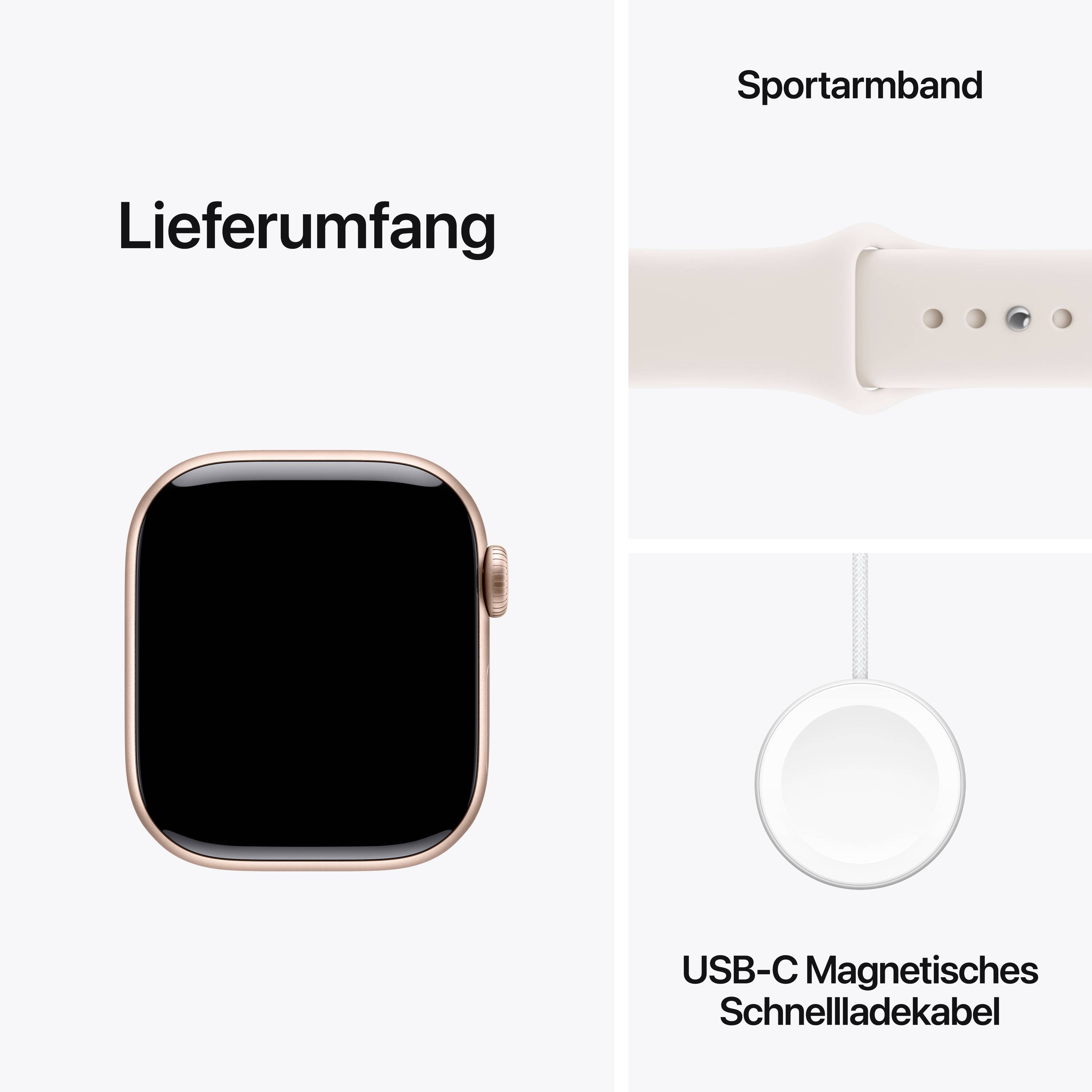 De afbeelding toont de leveringsomvang: een smartwatch, een sportarmband en een USB-C magnetisch oplaadkabel.