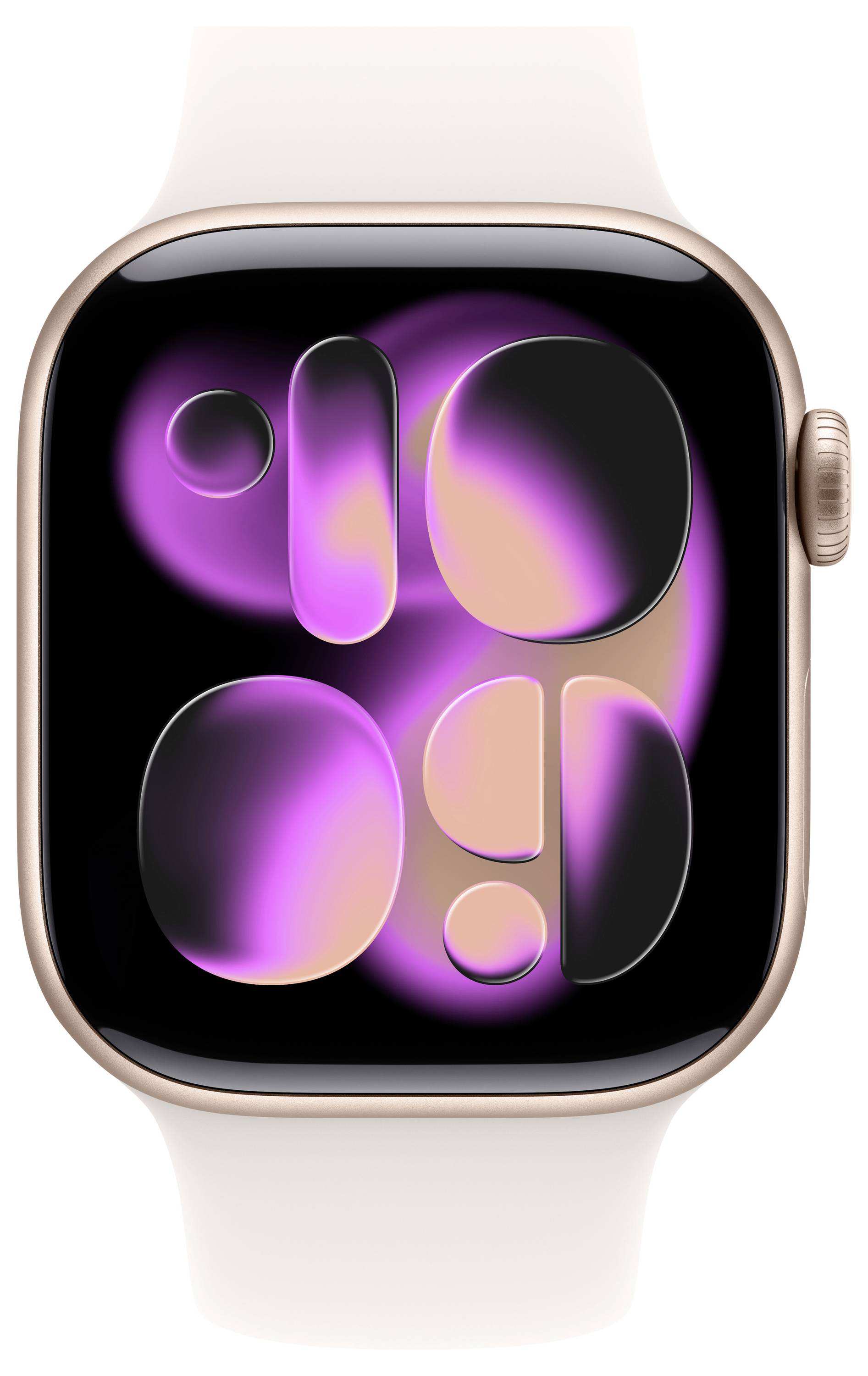Een smartwatch met een roségouden behuizing vertoont een levendig abstract ontwerp in roze en paars op een zwart scherm.