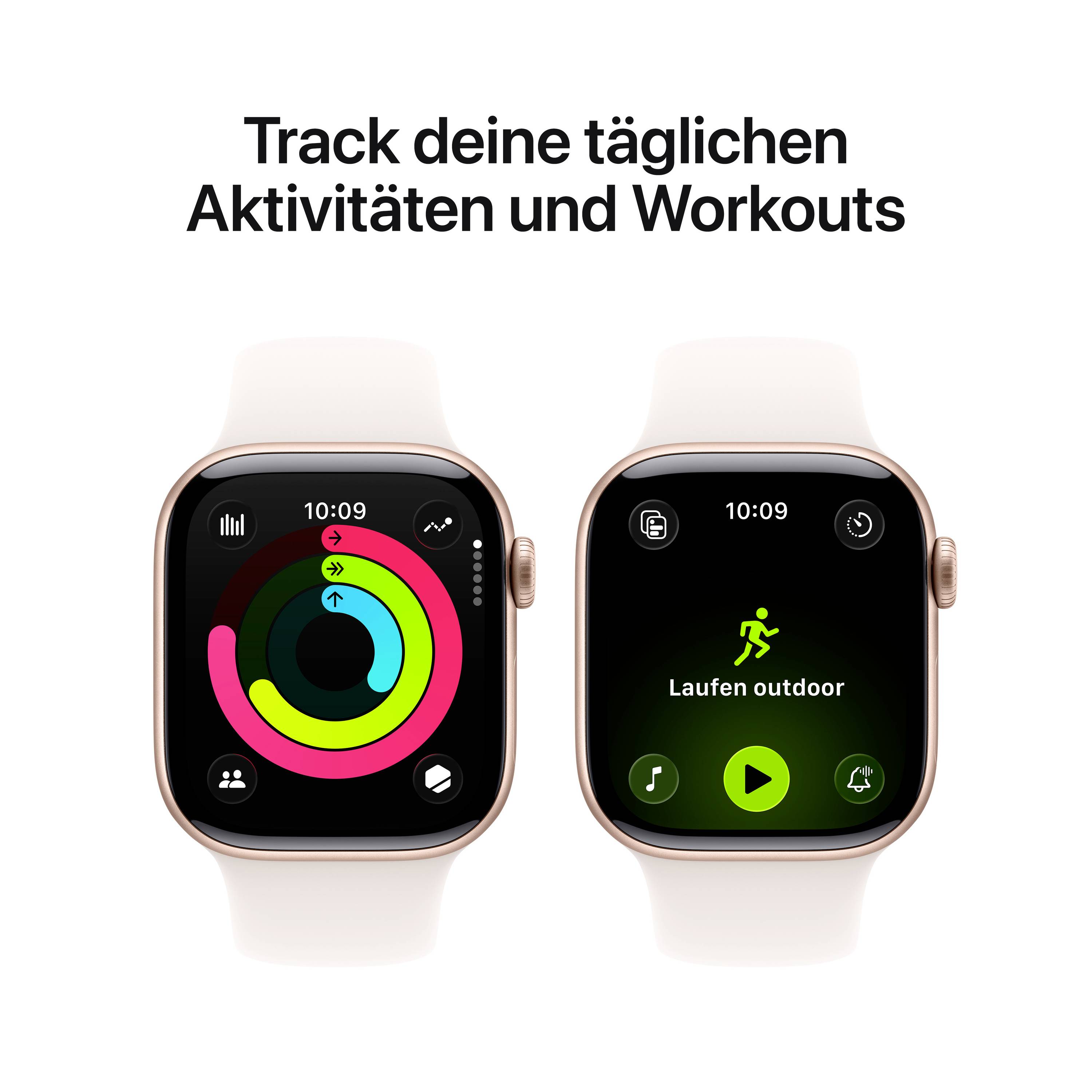 Twee Smartwatch-displays: links toont activiteitenringen, rechts toont 'Buiten hardlopen' met groen symbool. Tekst: 'Volg je dagelijkse activiteiten en workouts'.