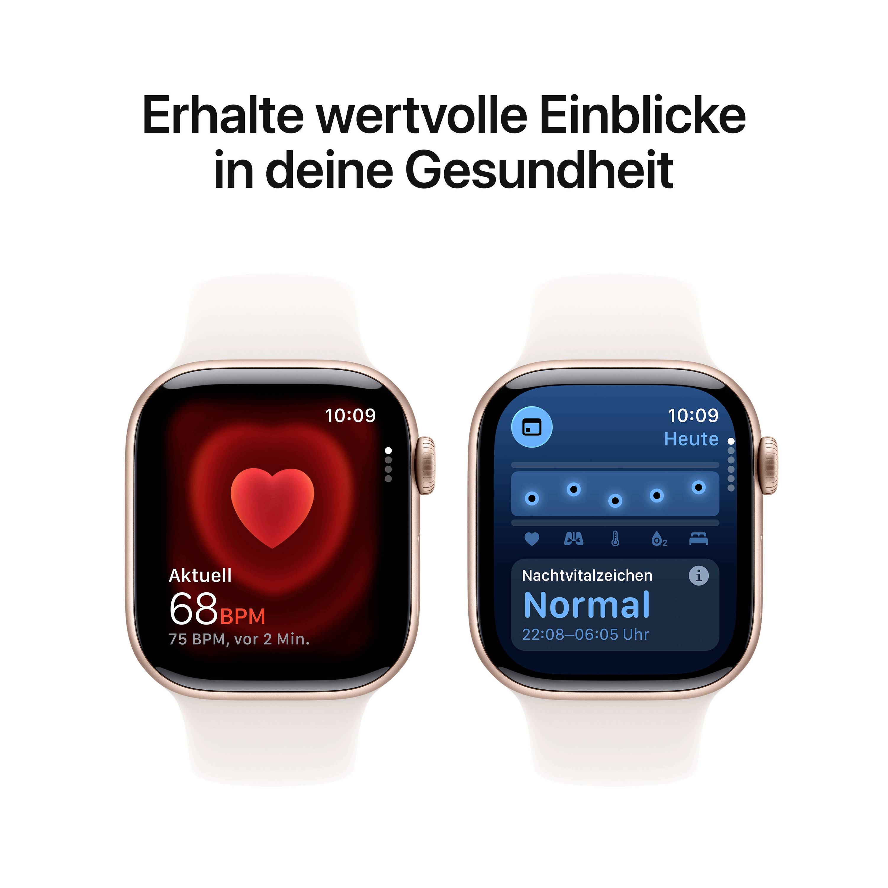 'Twee smartwatch-schermen: links toont een hartfrequentie van 75 slagen per minuut en rechts slaapgegevens met een "Normaal" beoordeling.'