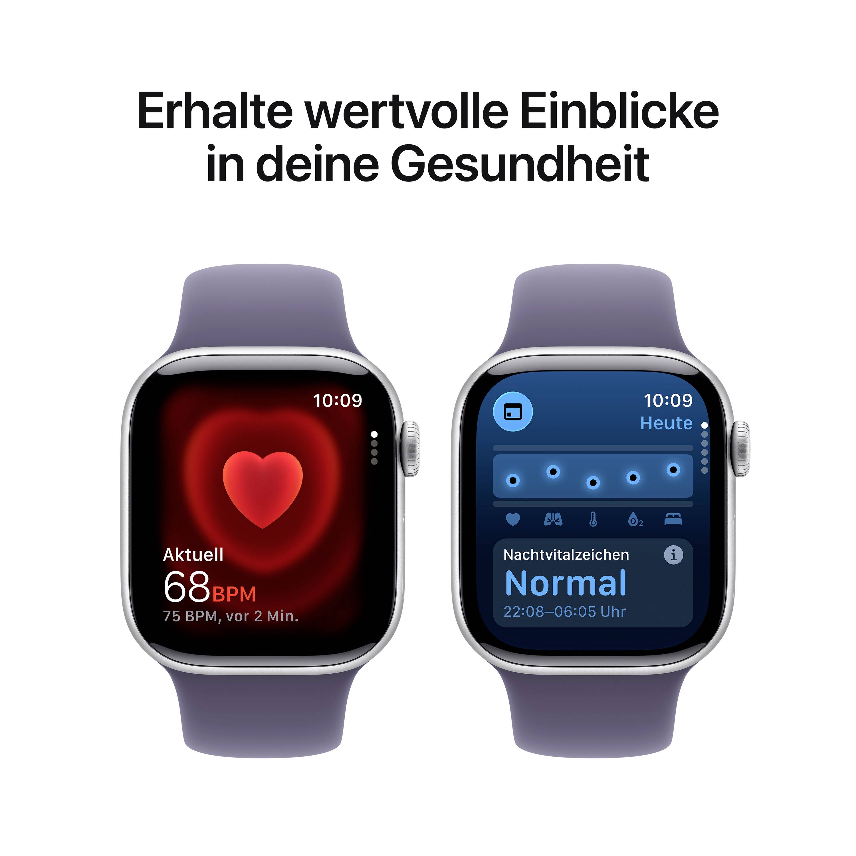 Twee smartwatches tonen gezondheidsgegevens. Links: Hartfrequentie met rood hartsymbool. Rechts: Slaapanalyse met normale waarde. Tekst: 'Ontvang waardevolle inzichten in je gezondheid'.