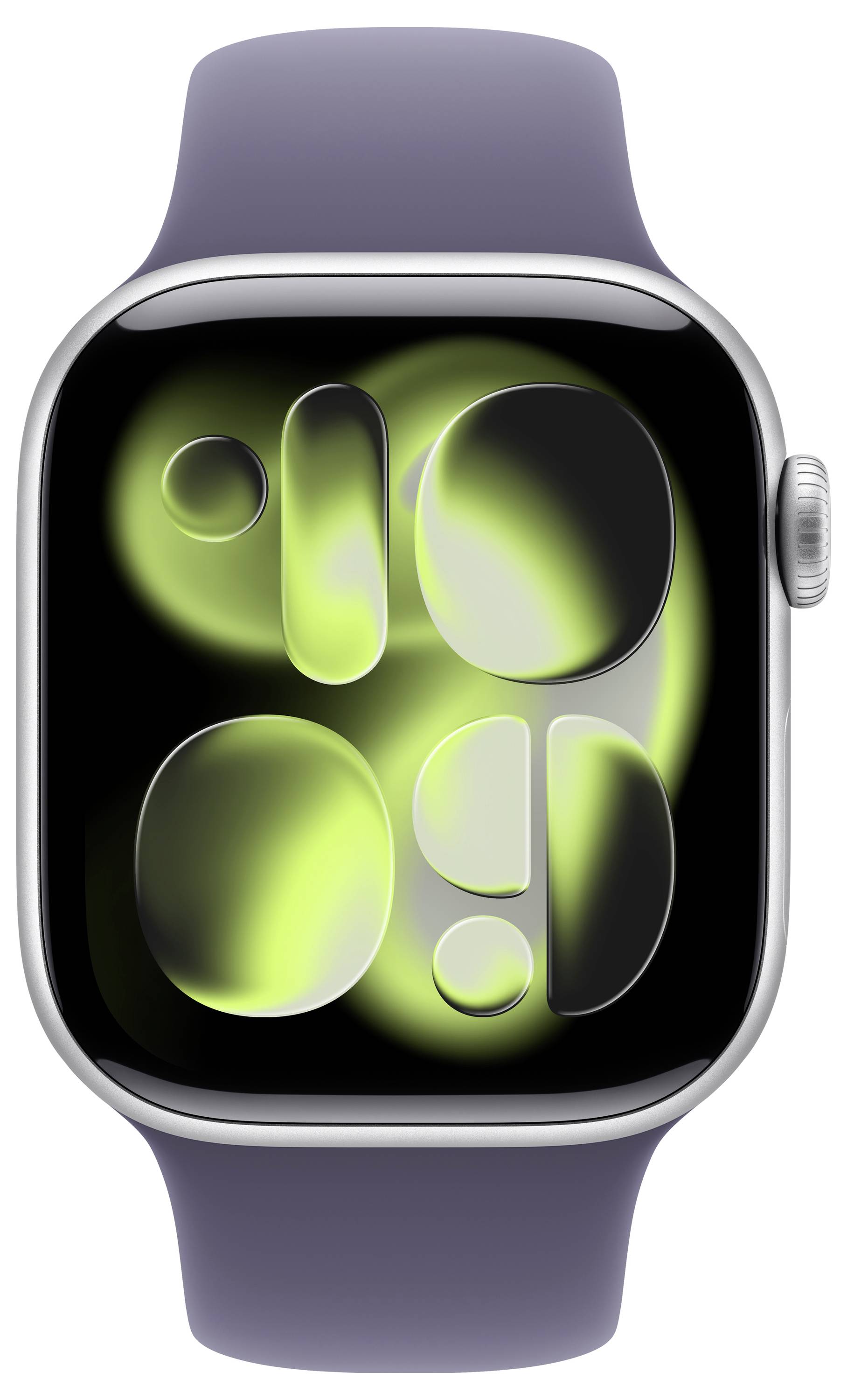 Een smartwatch met een zilveren frame en een paarse band toont een abstract groen en zwart ontwerp op zijn scherm.