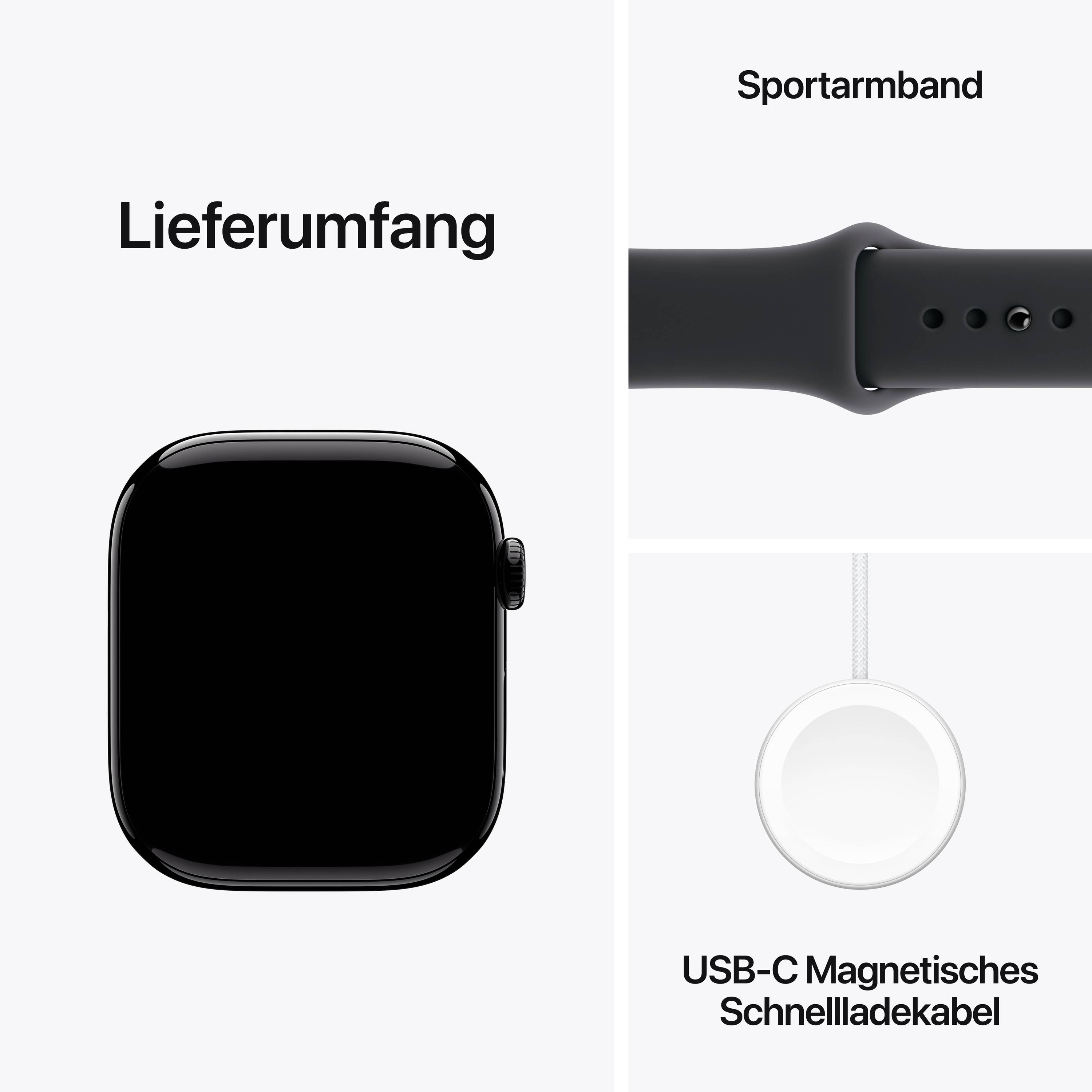 Leveringsomvang van een smartwatch: Smartwatch met zwarte wijzerplaat, sportbandje en USB-C magnetische snellader kabel.