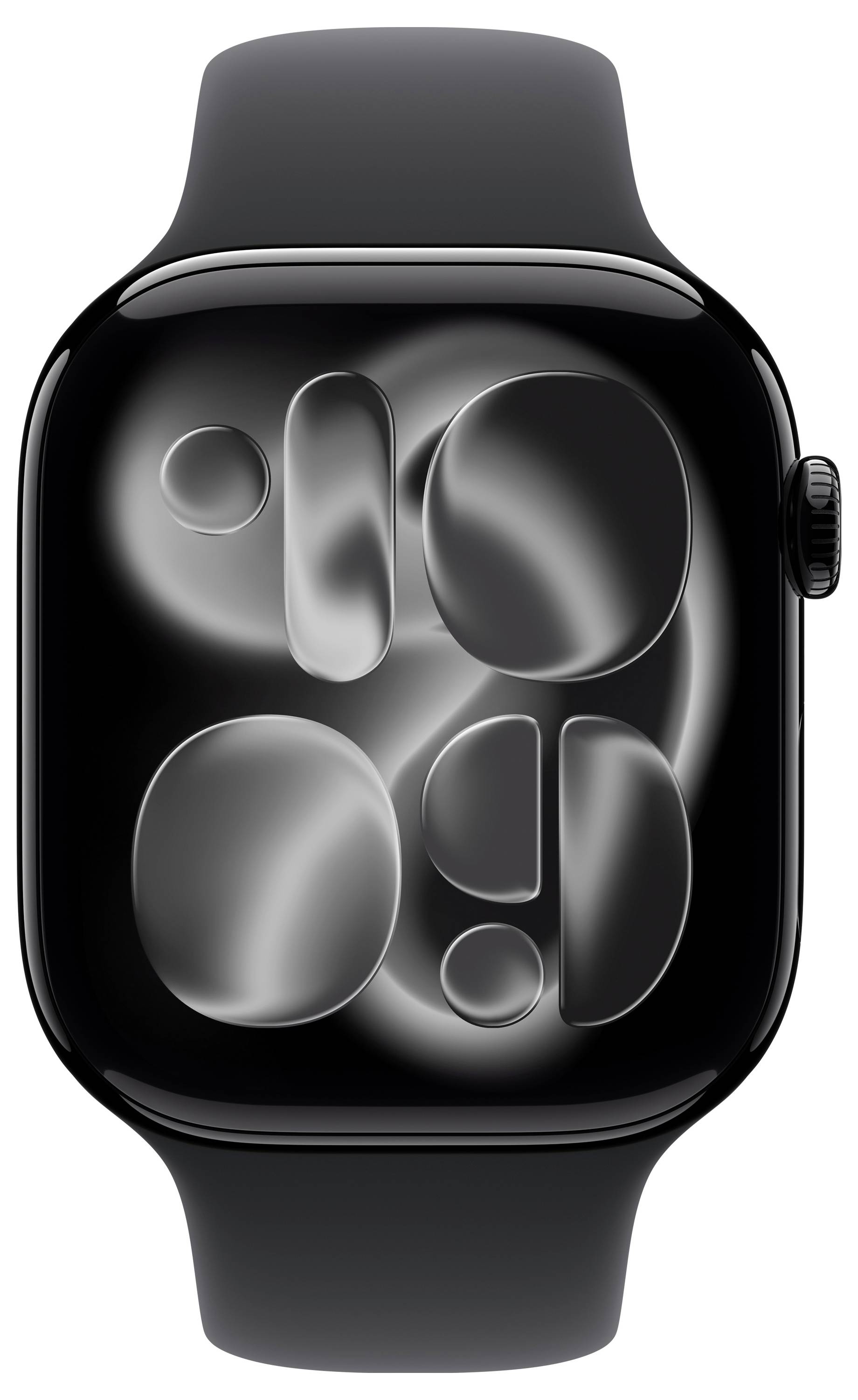 Een zwarte smartwatch met een reflecterende, abstracte weergave op het scherm. De horloge heeft een strak, modern design met een gebogen frame.