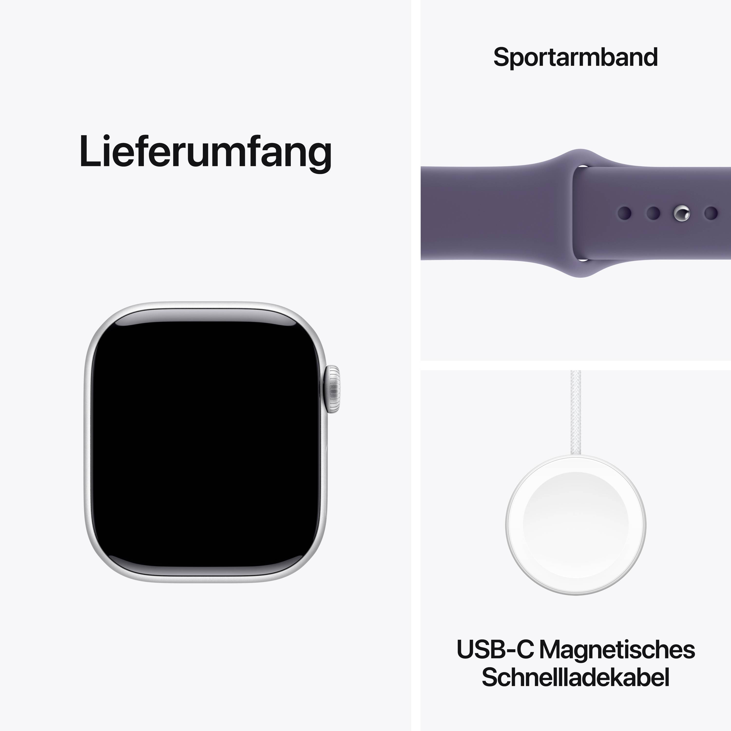 Smartwatch met zwart display en sportbandje. Toebehoren: USB-C magnetische snellader kabel. Tekst: 'Leveringsomvang'.