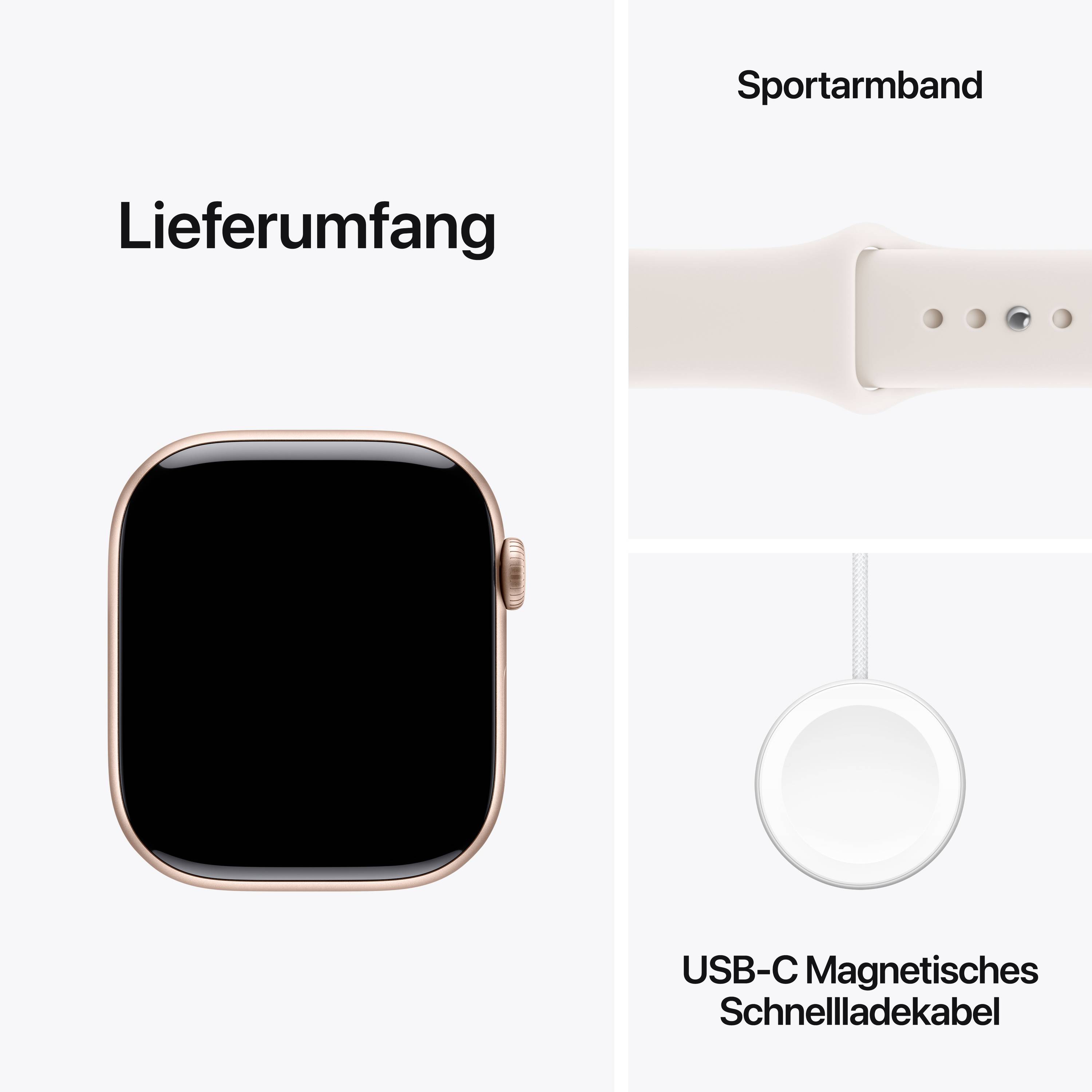 Leveringsomvang: Sportarmband, vierkante smartwatch met zwart scherm, USB-C magnetisch oplaadkabel.