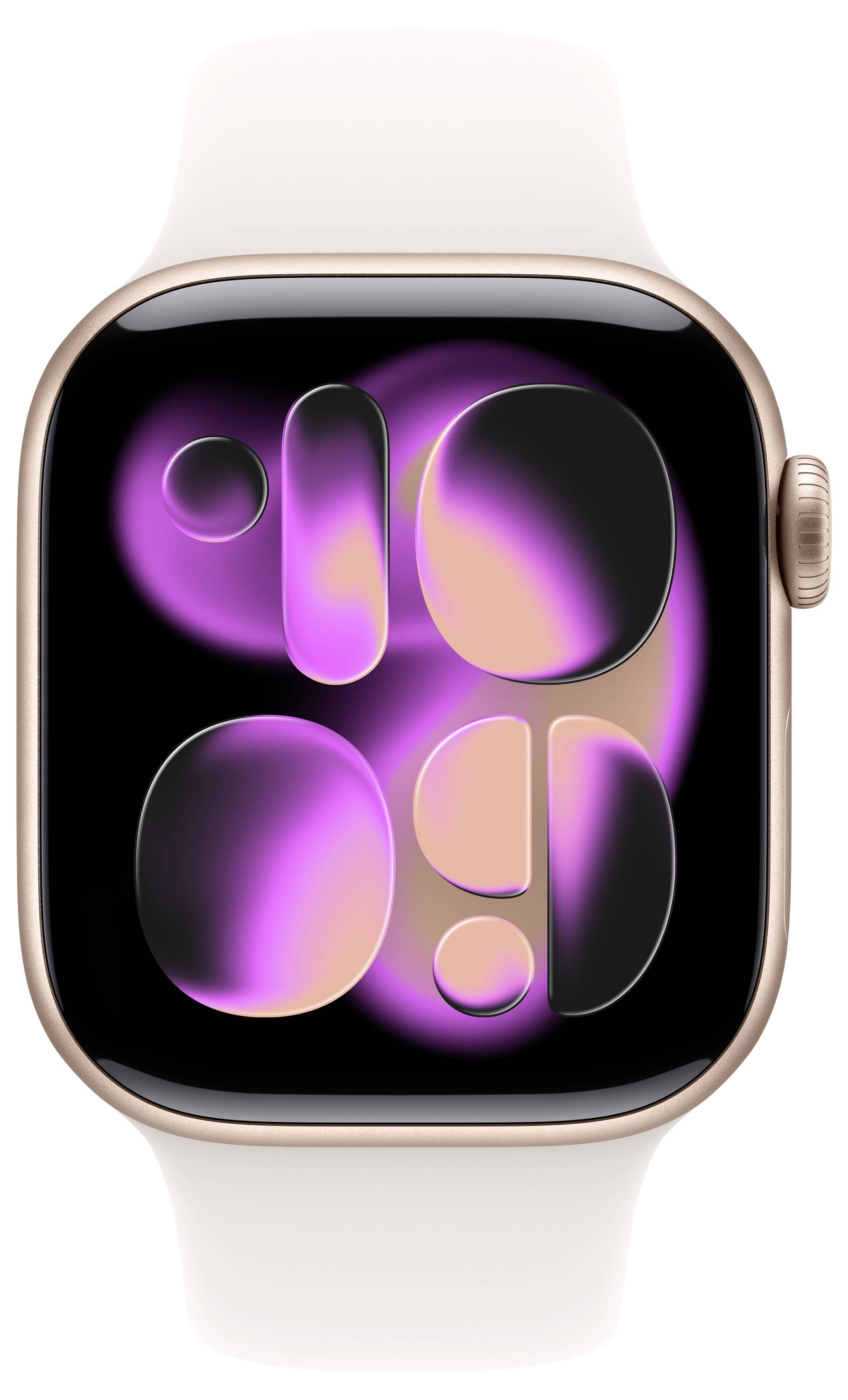 Een smartwatch met een gouden behuizing en een wit bandje vertoont een abstract roze en zwart design op zijn scherm.