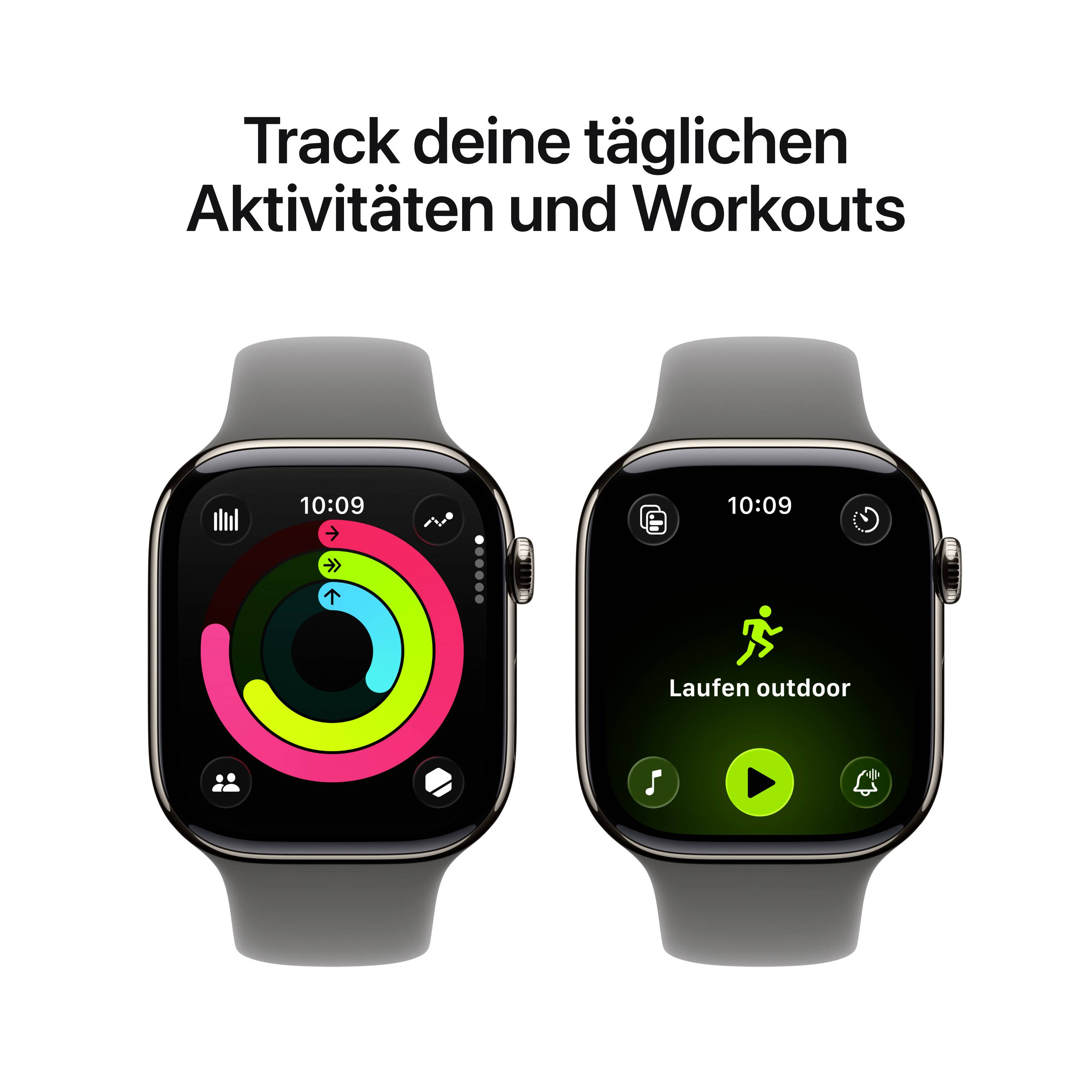 Twee Smartwatch-displays: links met activiteitsringen en tijd 10:09, rechts met 'Buiten hardlopen' en hardloop-icoon. Tekst: 'Volg je dagelijkse activiteiten en workouts'.