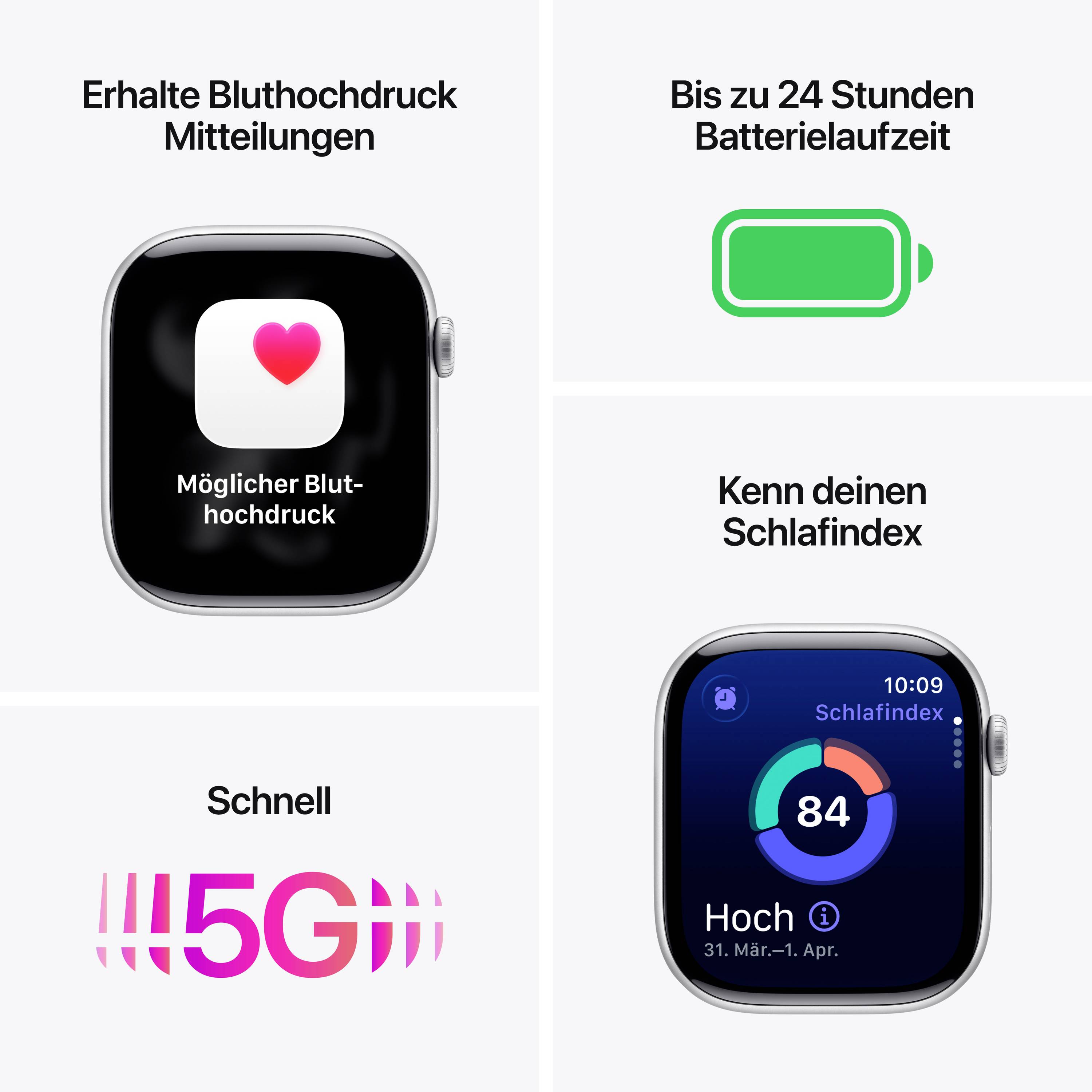 'Smartwatch-functies: Bloeddrukwaarschuwingen ontvangen, 5G-snelheid, tot 24 uur batterijduur, slaapindex-monitoring.'
