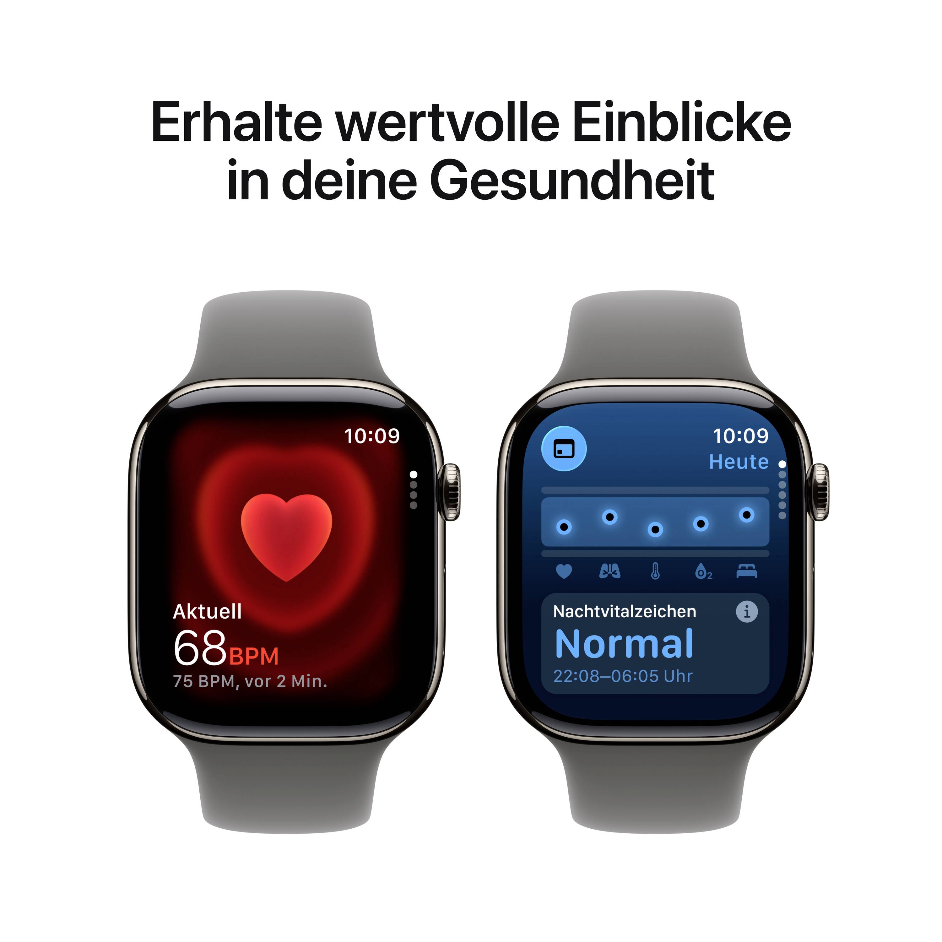 Twee smartwatches met gezondheids-apps; links toont 68 BPM met hartsymbool, rechts 'Nachtelijke vitale tekens Normaal', geeft gezondheidsinformatie.