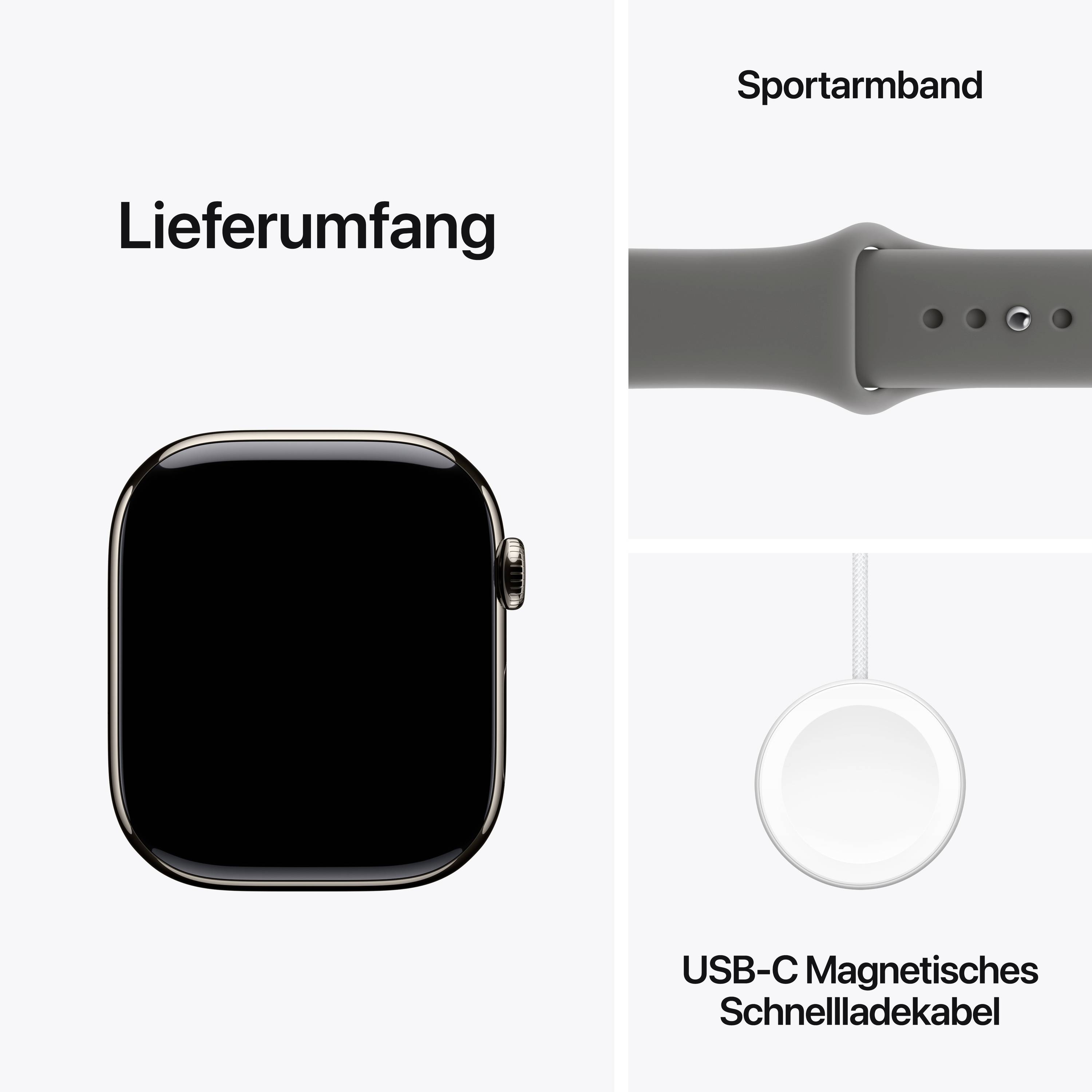 Leveringsomvang van een smartwatch met sportarmband en USB-C magnetische snellaadkabel afgebeeld.