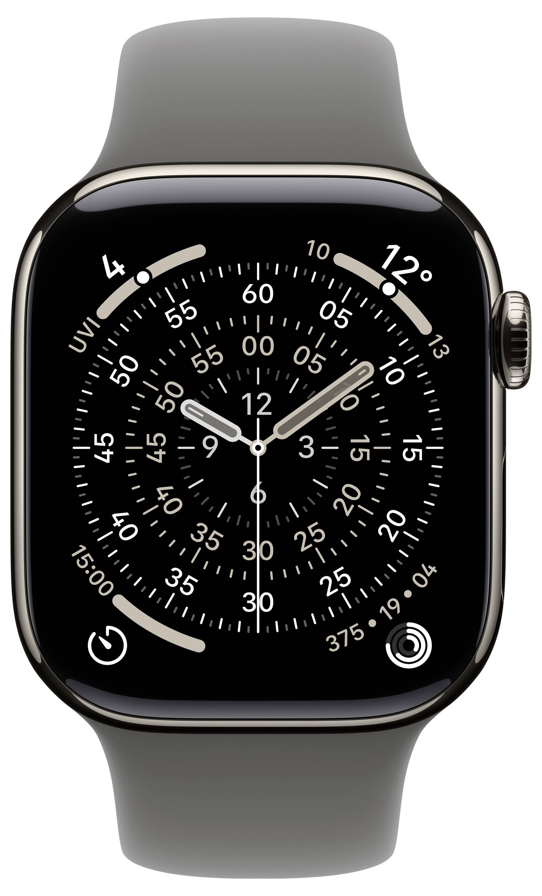 Een smartwatch met een analoge wijzerplaat met meerdere kleine wijzerplaten, voorzien van uur-, minuut- en secondewijzers, en een zwarte band.