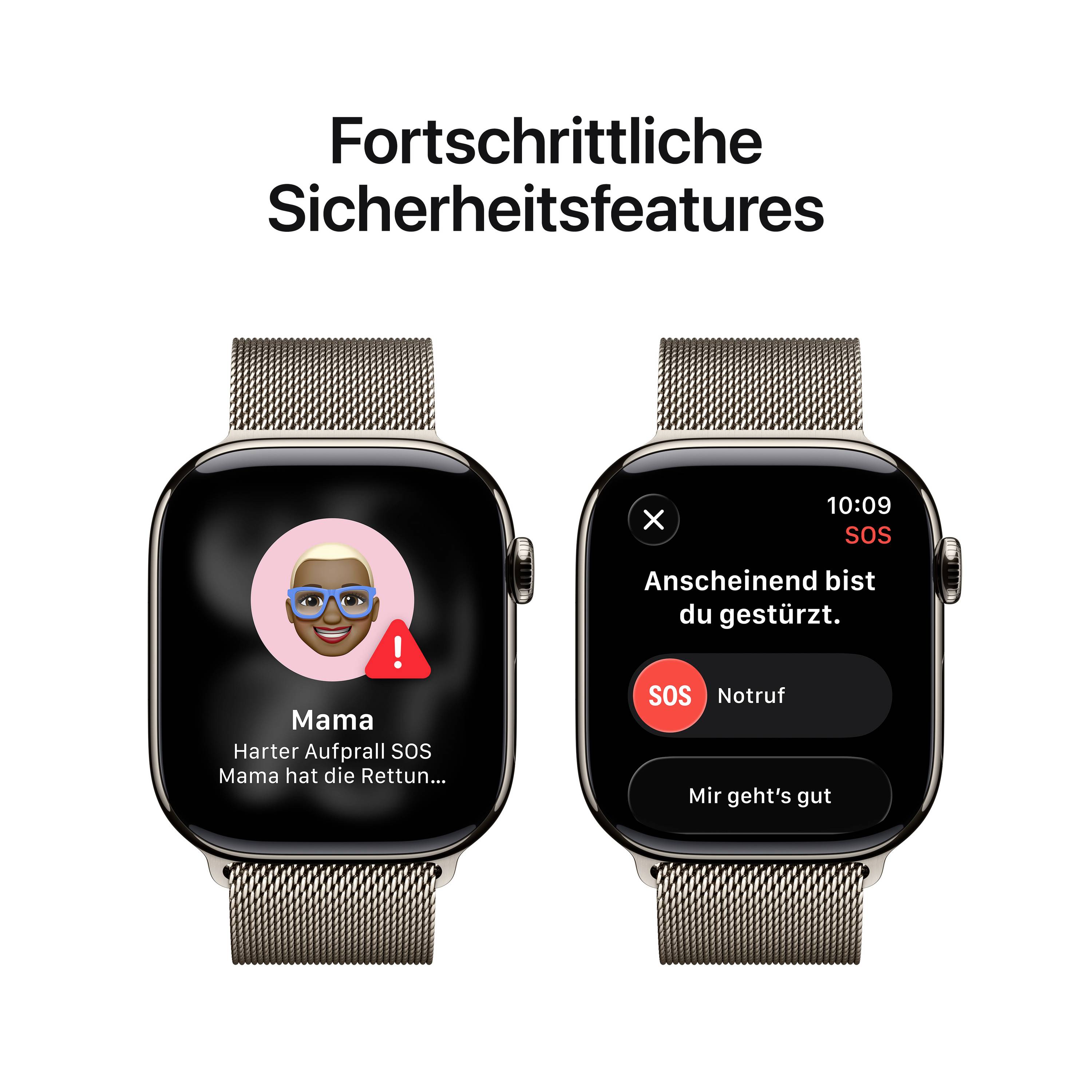Twee smartwatches met geavanceerde veiligheidsfuncties. Links: 'Mama' met waarschuwingssymbool. Rechts: Scherm toont 'Noodoproep' na val.