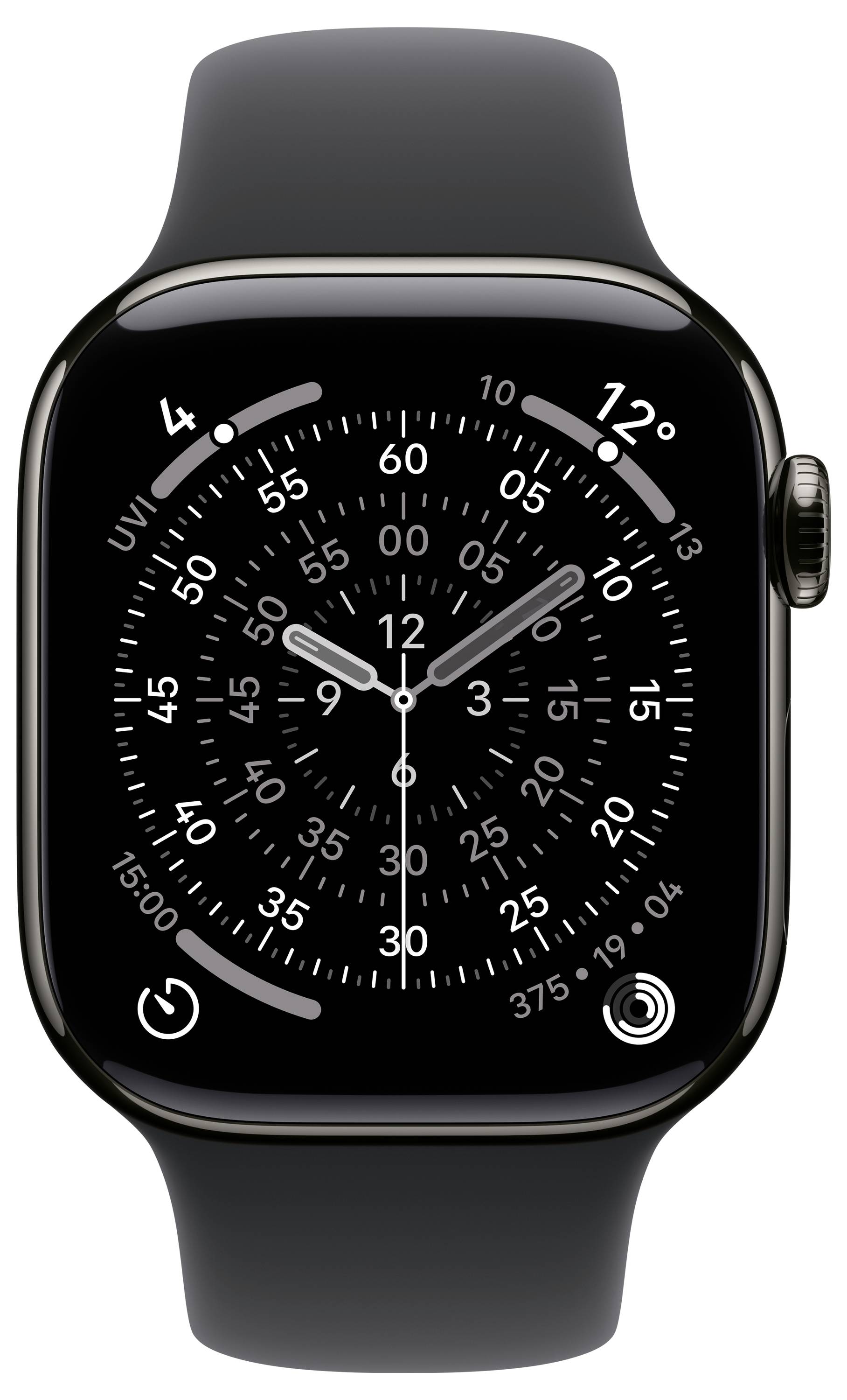 Een smartwatch die een analoge klokweergave toont met twee overlappende wijzerplaten met cijfers en streepjes, tegen een zwarte achtergrond.