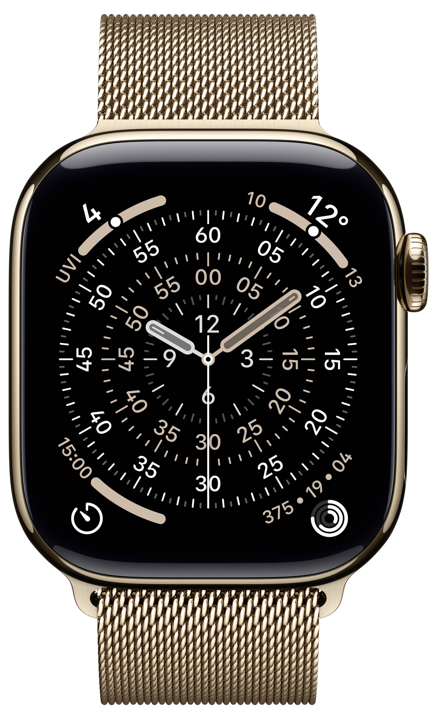 Gouden smartwatch met een rond analoog-stijl horloge-display dat de tijd weergeeft. Hij heeft een meshband en een digitale kroon aan de zijkant.