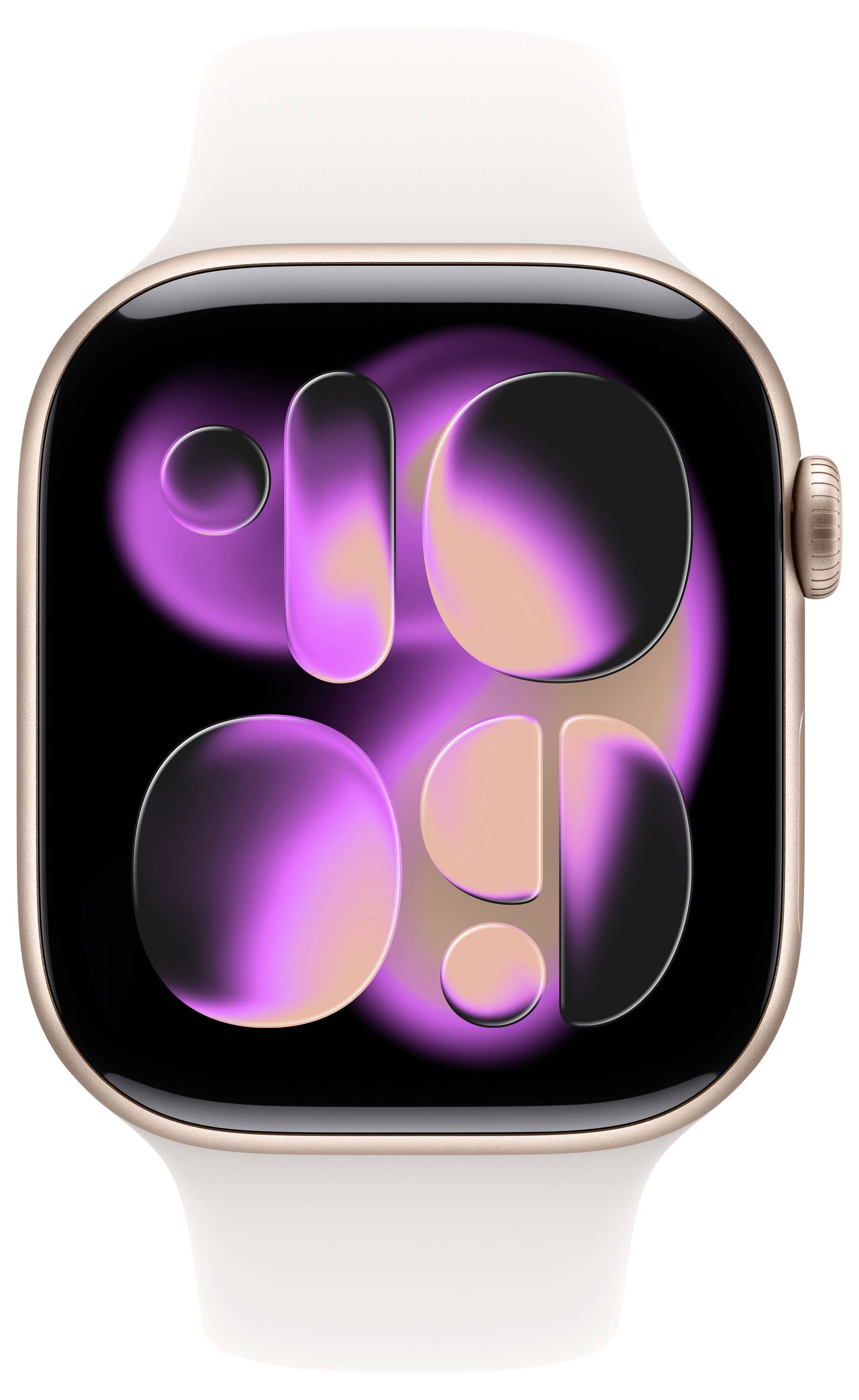 Een smartwatch met een witte band vertoont een levendig abstract patroon in roze, paars en goudkleuren op zijn scherm.