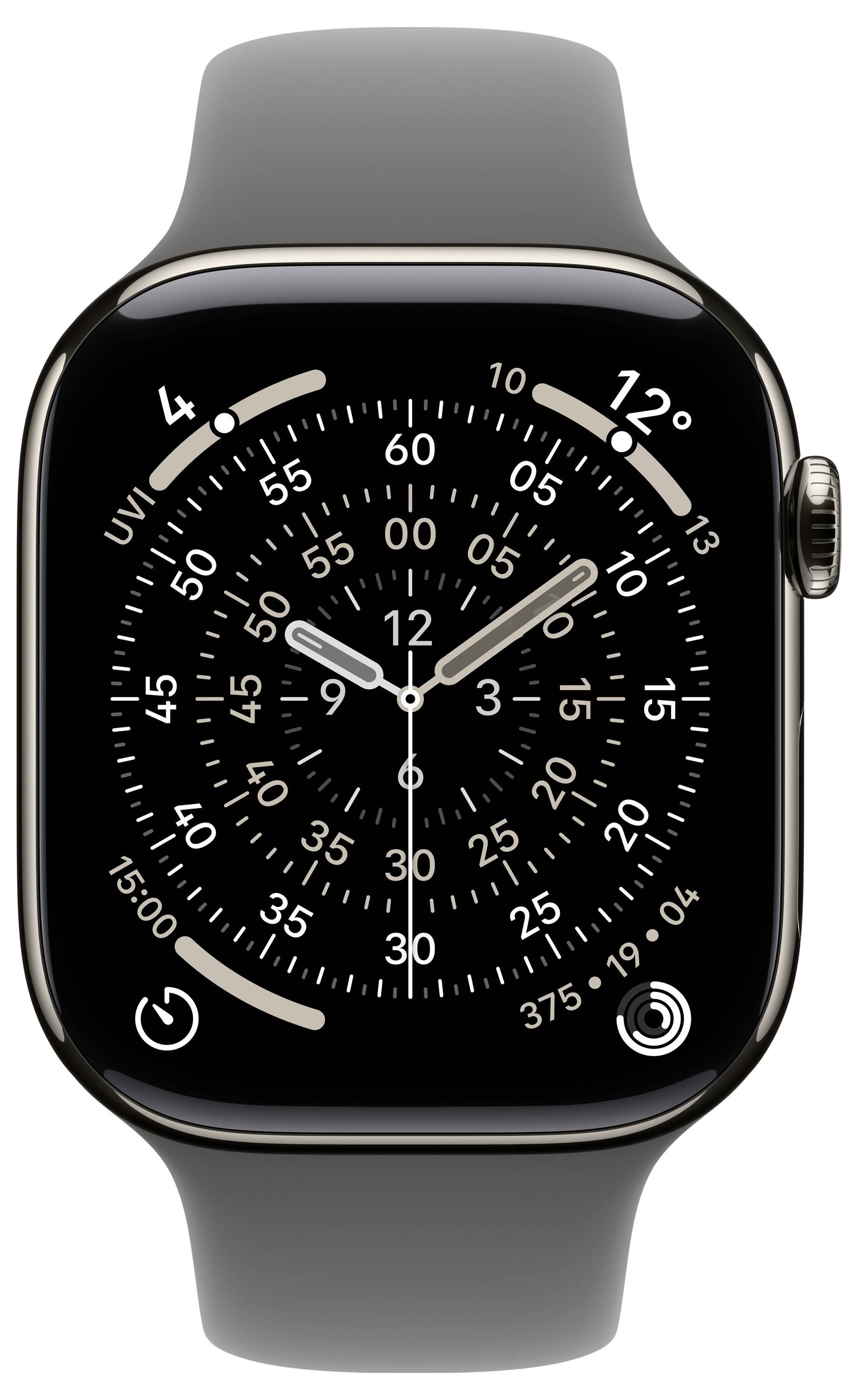Een digitale smartwatch toont een analoge wijzerplaat met cijfers, vijf-minutenmarkeringen en twee wijzers. De datum leest '04 10.'