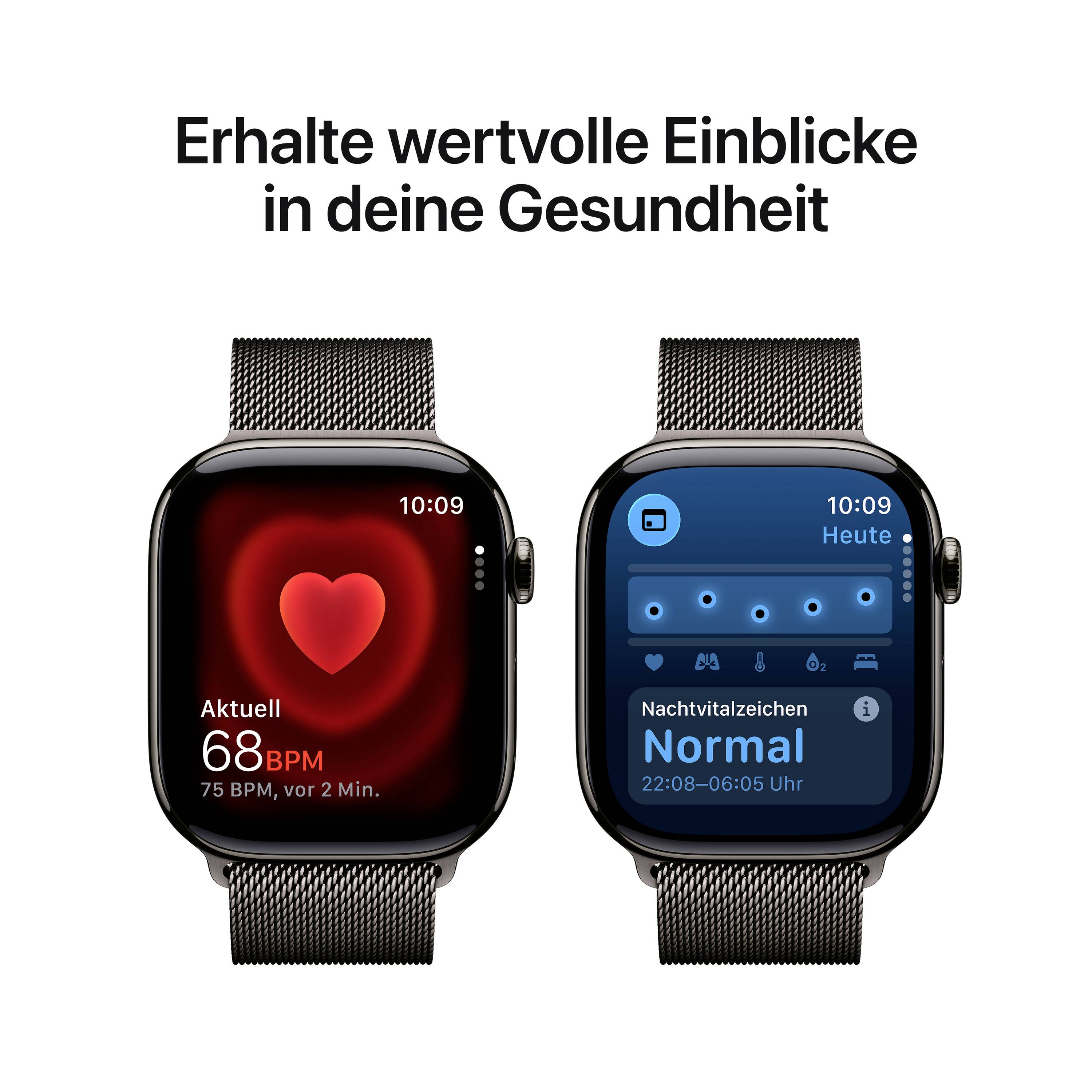 Twee smartwatches tonen gezondheidsgegevens: De linker horloge toont 68 BPM hartslag, de rechter horloge toont normale nachtelijke vitale functies.