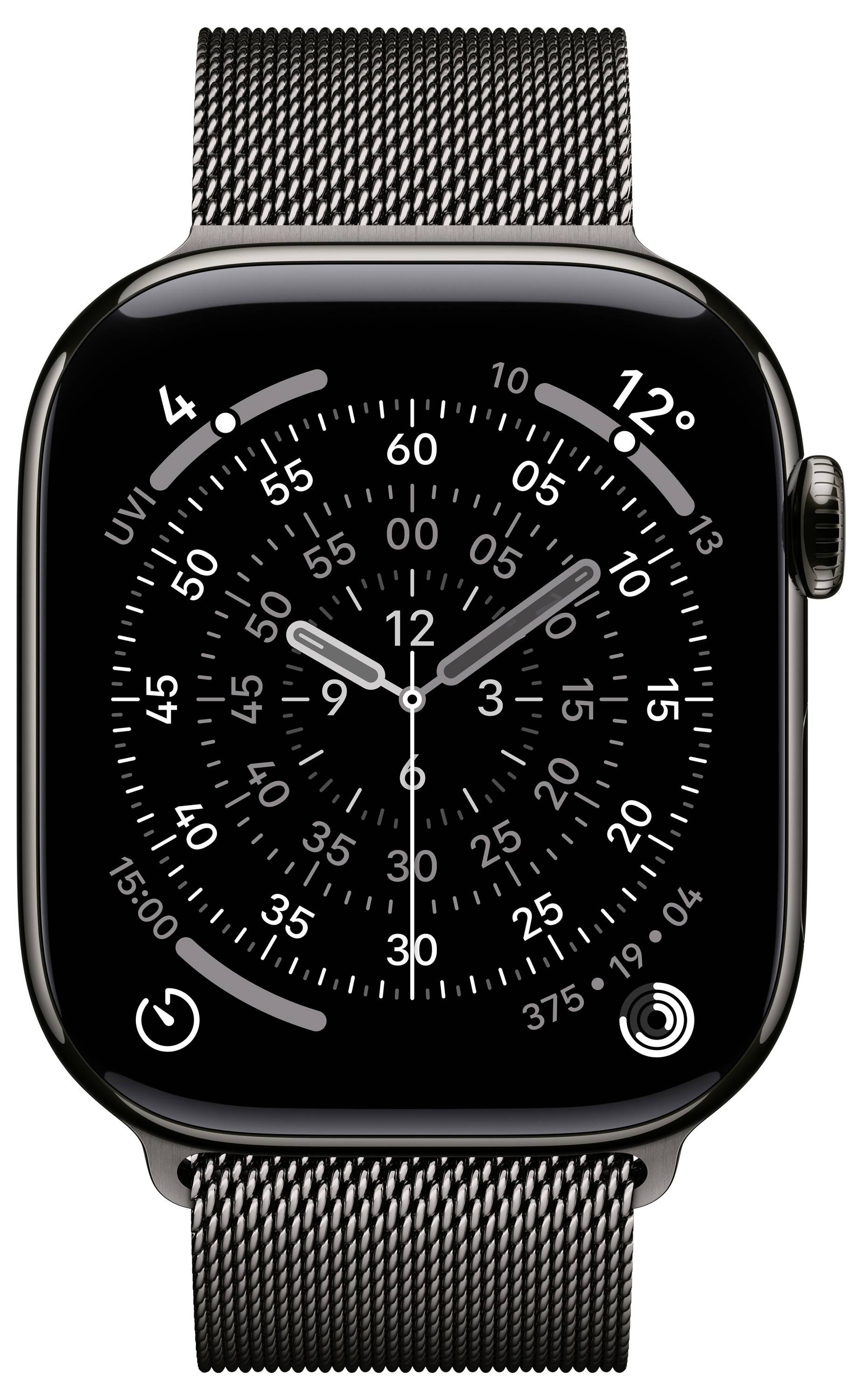 Een smartwatch met een analoge wijzerplaat met markeringen voor uren, minuten en seconden. Bevat pictogrammen voor activiteit, UV-index, temperatuur en datum.