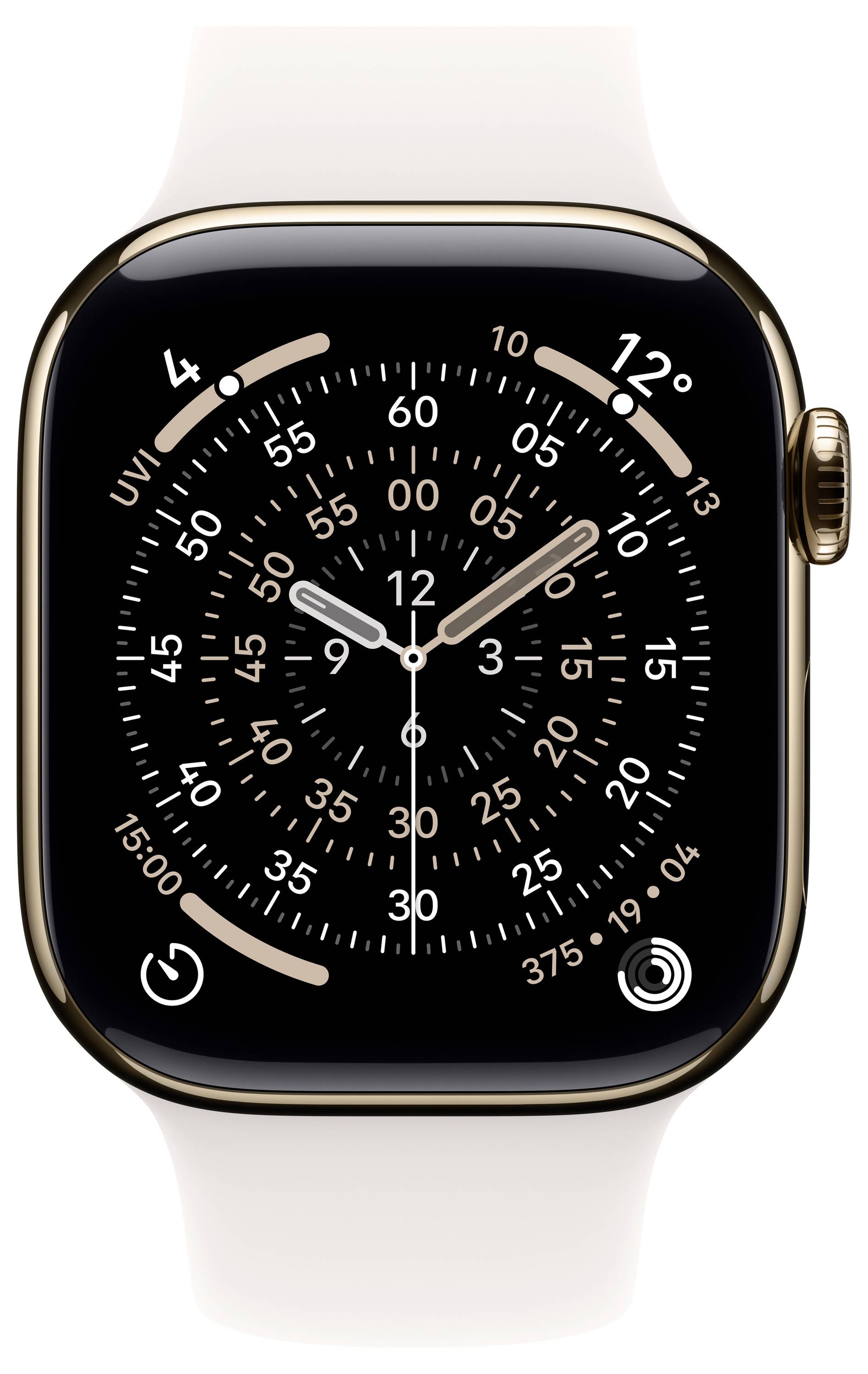 Een smartwatch met een rond wijzerplaat die de tijd weergeeft in analoge indeling, omringd door verschillende numerieke markeringen en pictogrammen.