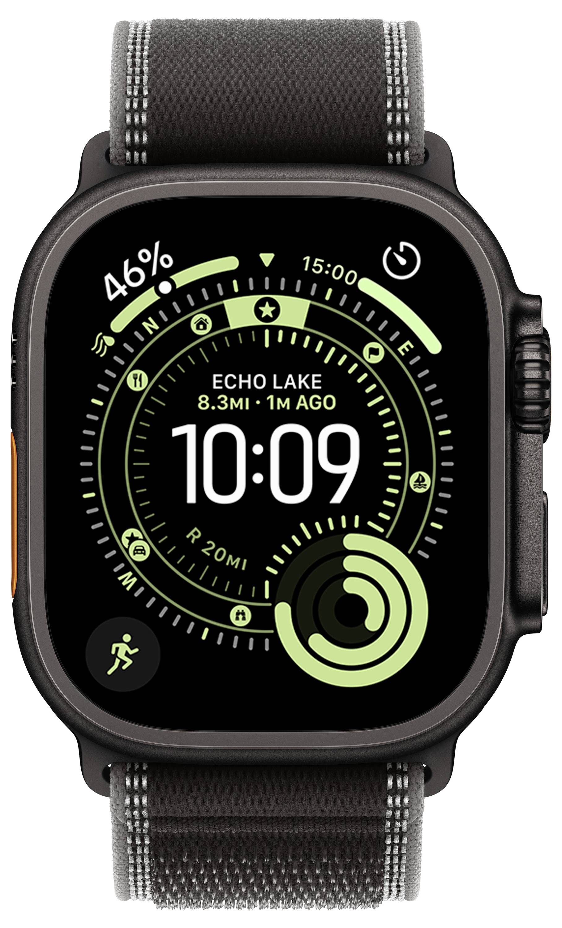 Een slimme horloge met de tijd '10:09', batterij op 46%, een kompas, en fitness-activiteitsgegevens die een recente loop bij Echo Lake aangeven.