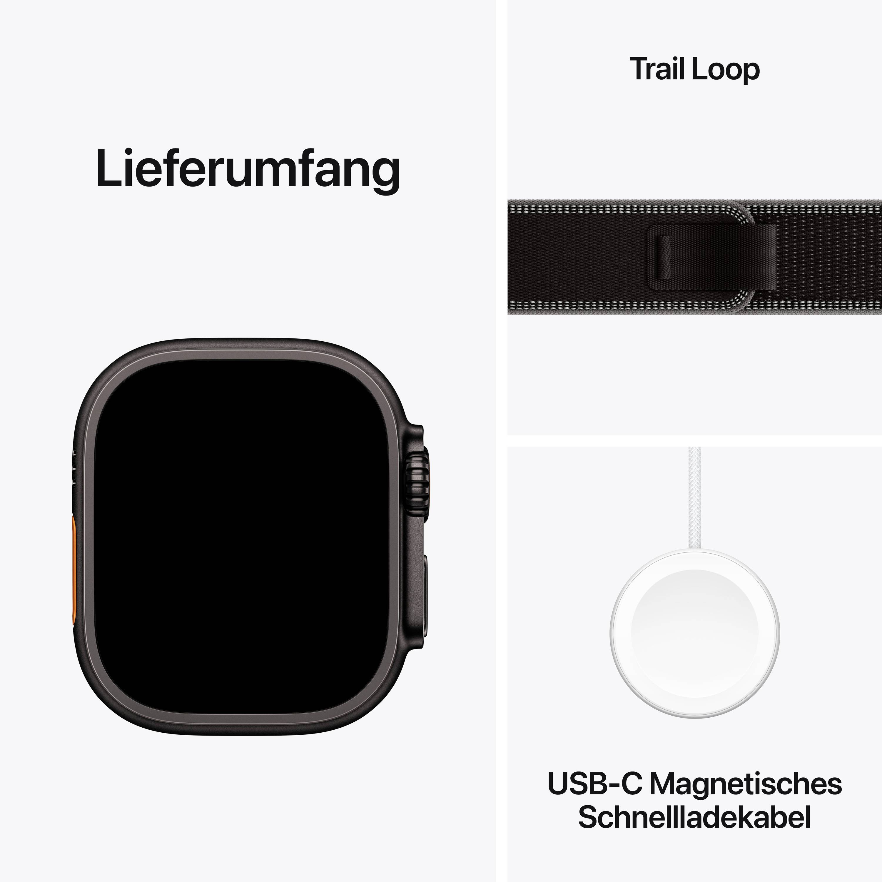 'Leveringsomvang' toont een zwarte smartwatch, een zwarte armband met klittenbandsluiting en een rond, wit USB-C magnetisch oplaadkabel.